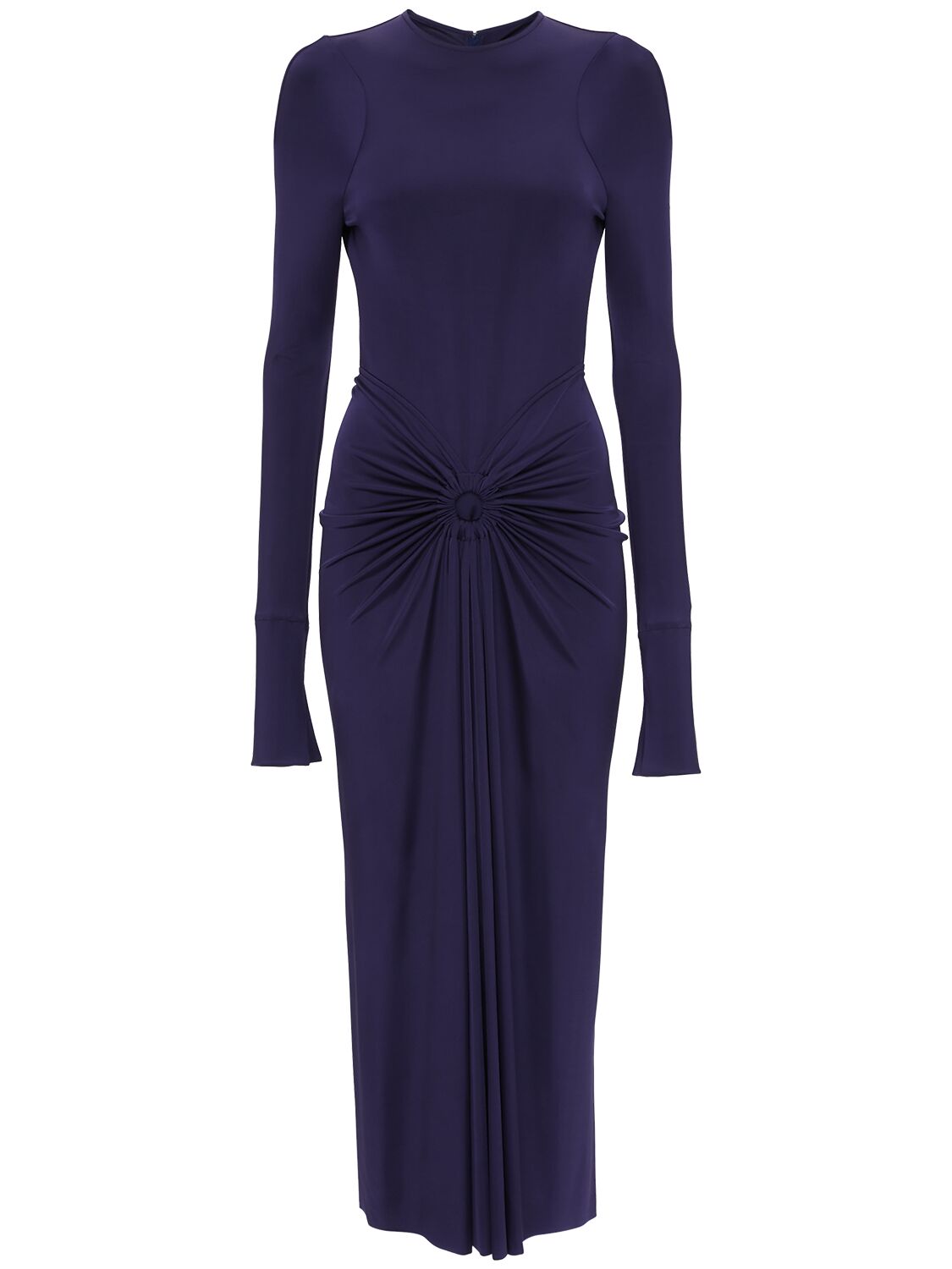 Shop Victoria Beckham Gathered Viscose Long Sleeve Midi Dress In Purple
