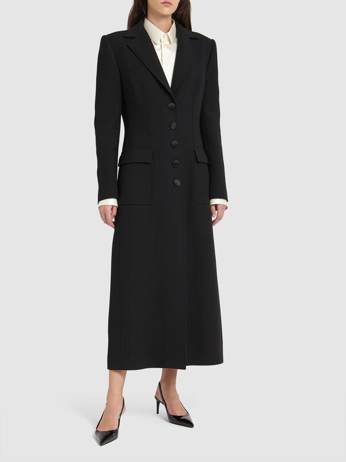 Shop Dolce & Gabbana Wool Crepe Single Breasted Long Coat In Black