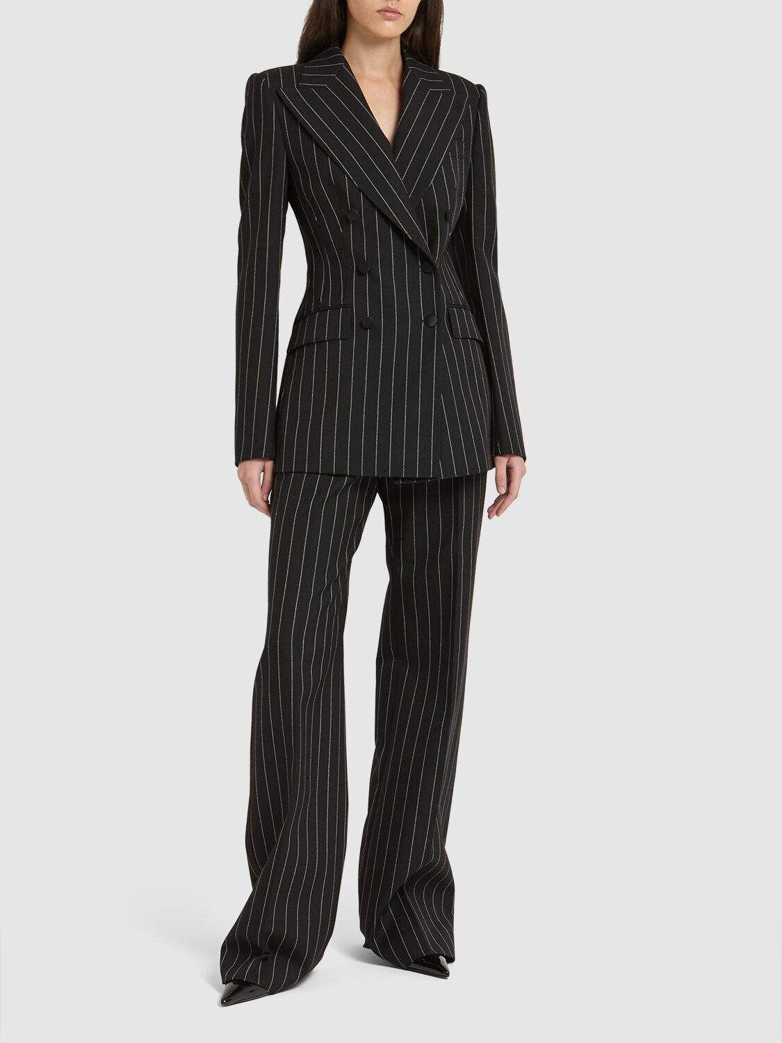 Shop Dolce & Gabbana Wool Pinstriped Flare Pants In White,black