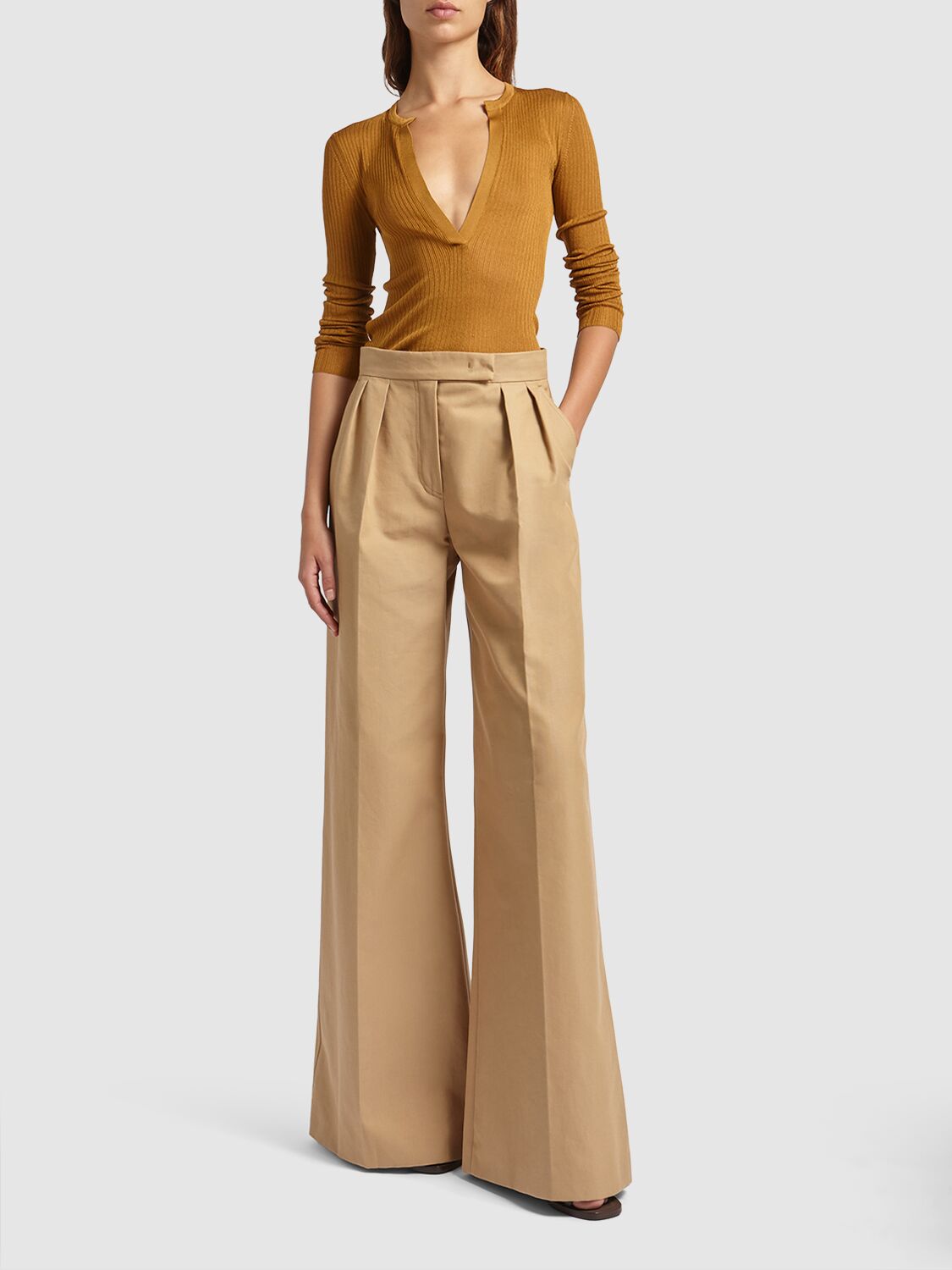 Shop Max Mara Corte Pleated Cotton Canvas Pants In Beige