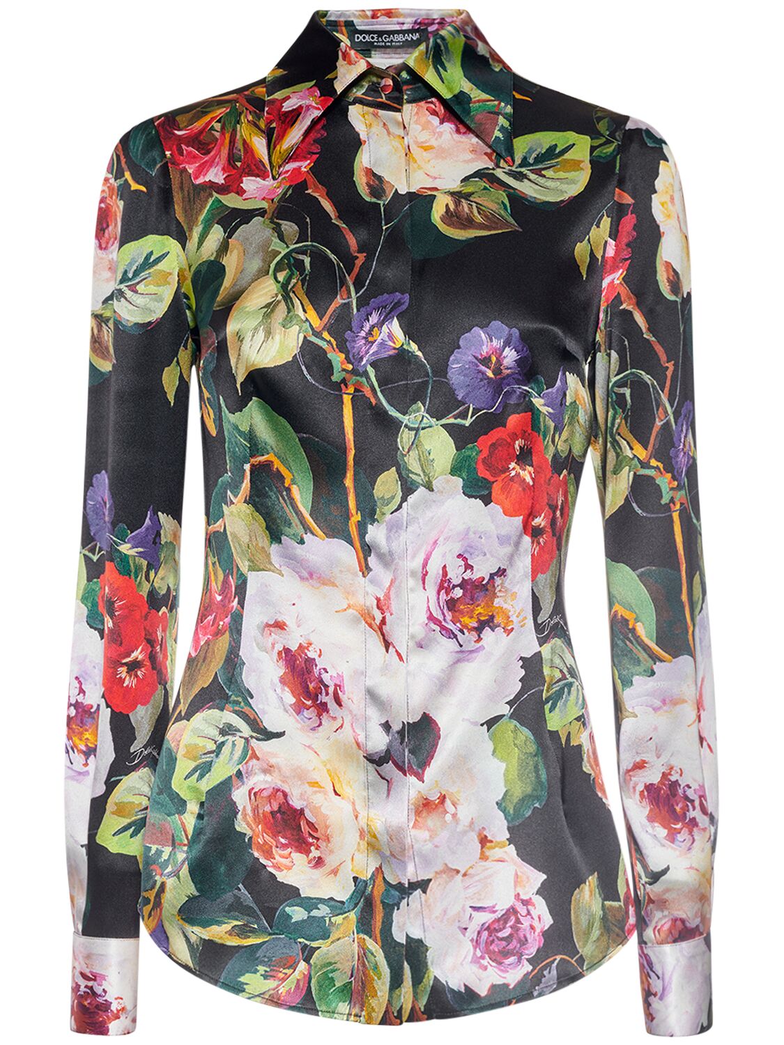 Image of Silk Blend Satin Flower Printed Shirt