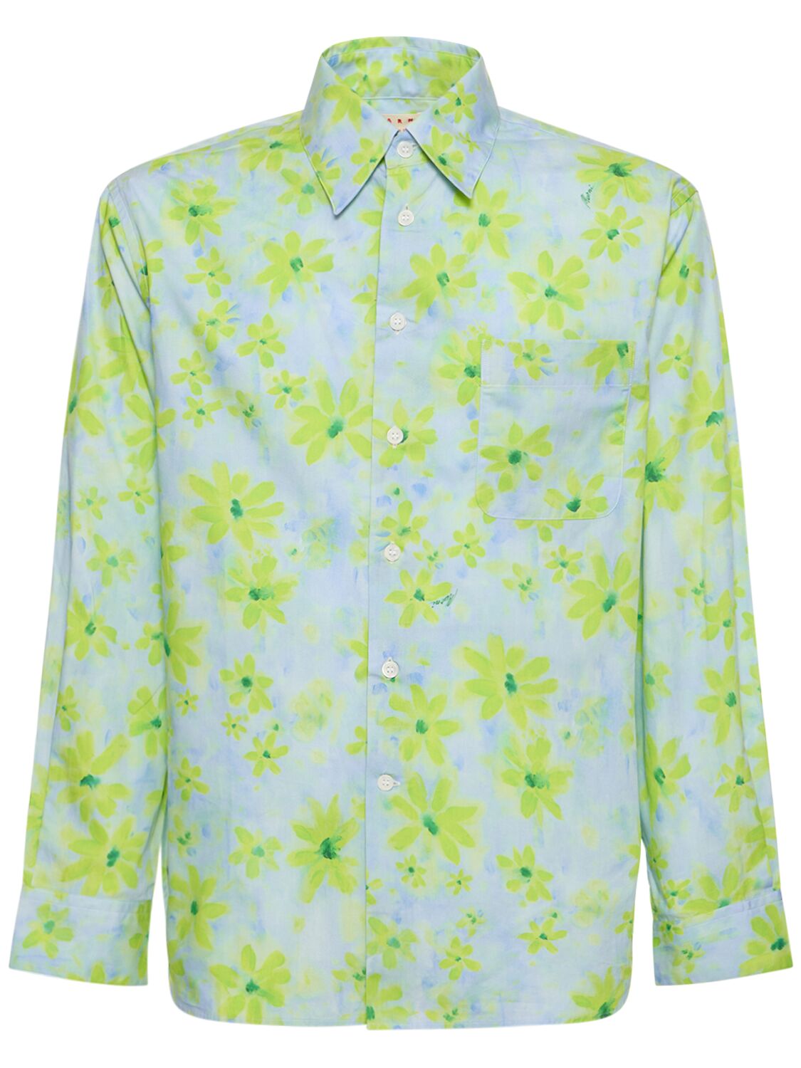Marni Flower Print Cotton Poplin Shirt In Green