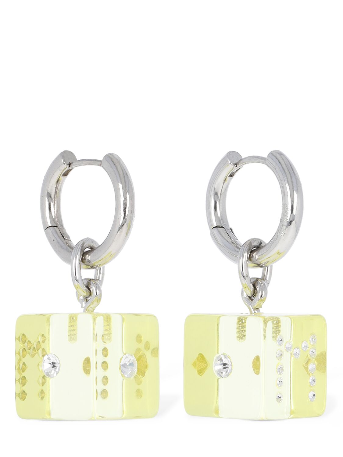 Shop Marni Resin Earrings W/ Dice & Crystal In Silver,yellow