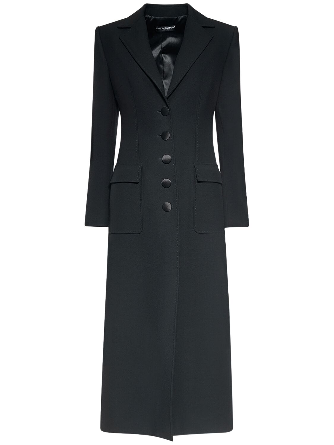 Dolce & Gabbana Wool Crepe Single Breasted Long Coat In Black