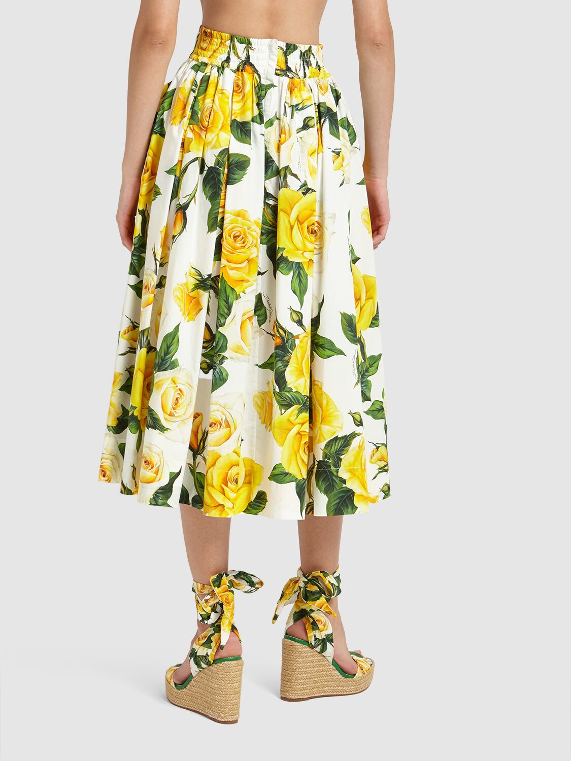 Shop Dolce & Gabbana Rose Pleated Cotton Poplin Midi Skirt In Multicolor