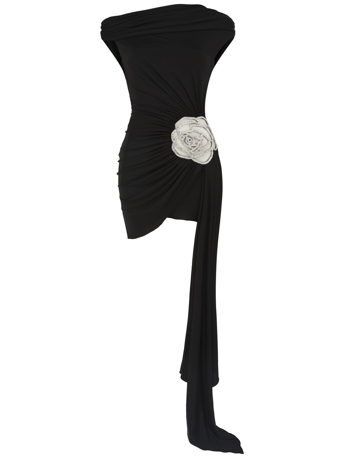 David Koma Asymmetric Embroidered Rose Mini Dress In Black,silver