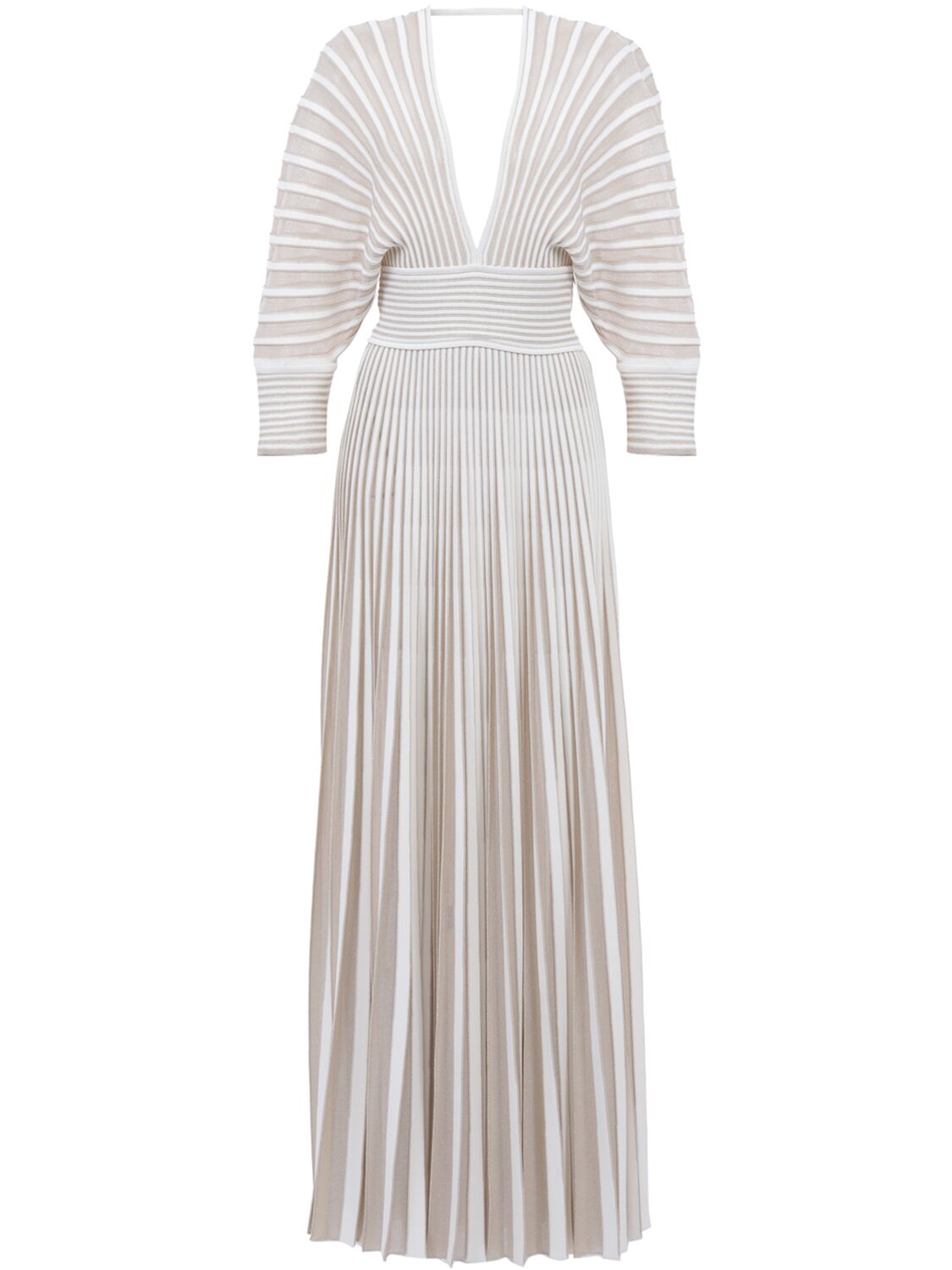 Elie Saab Pleated Knit Long Dress In Ivory,gold