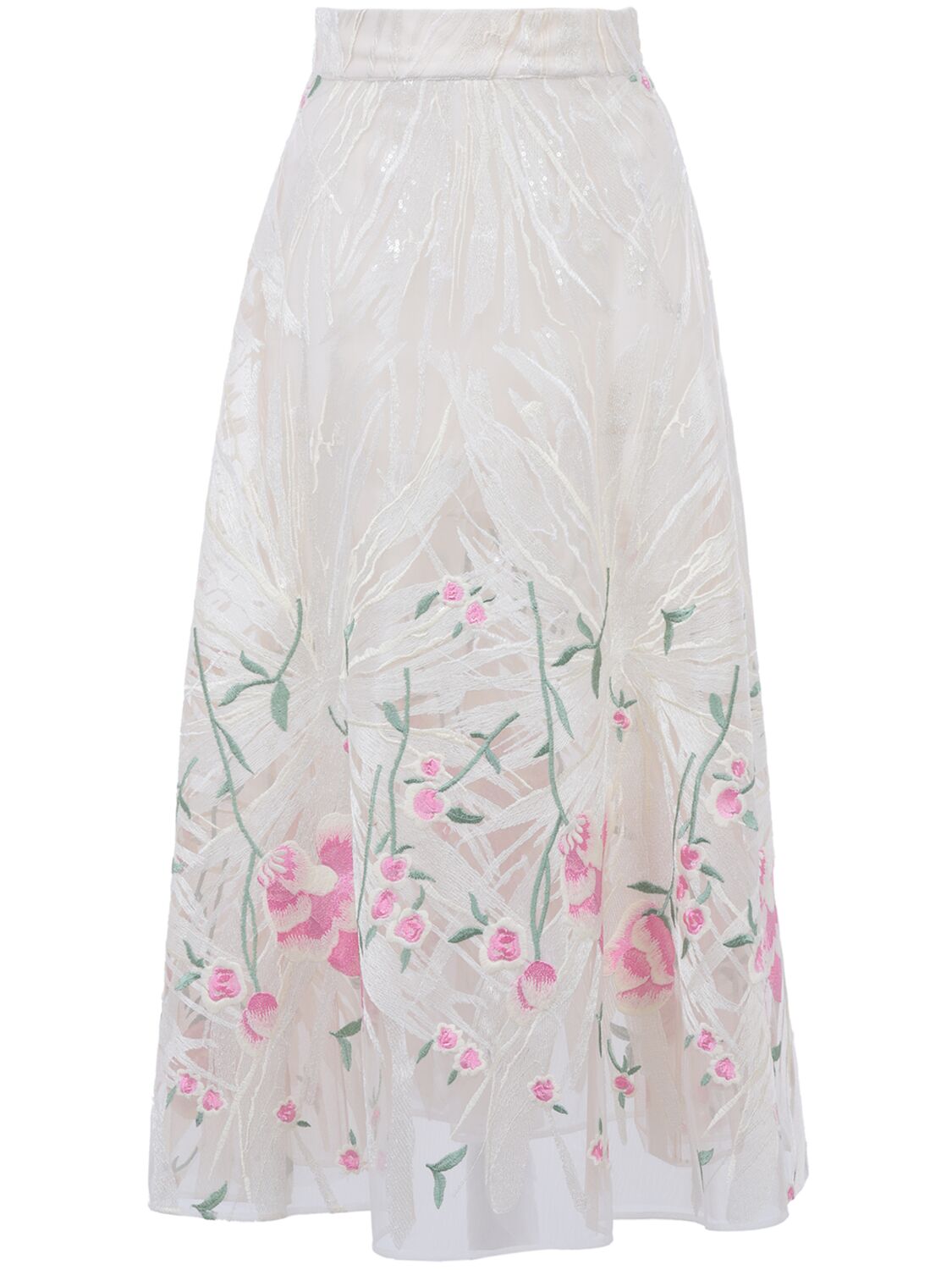 Shop Elie Saab Tulle Embroidered Midi Skirt In White,multi