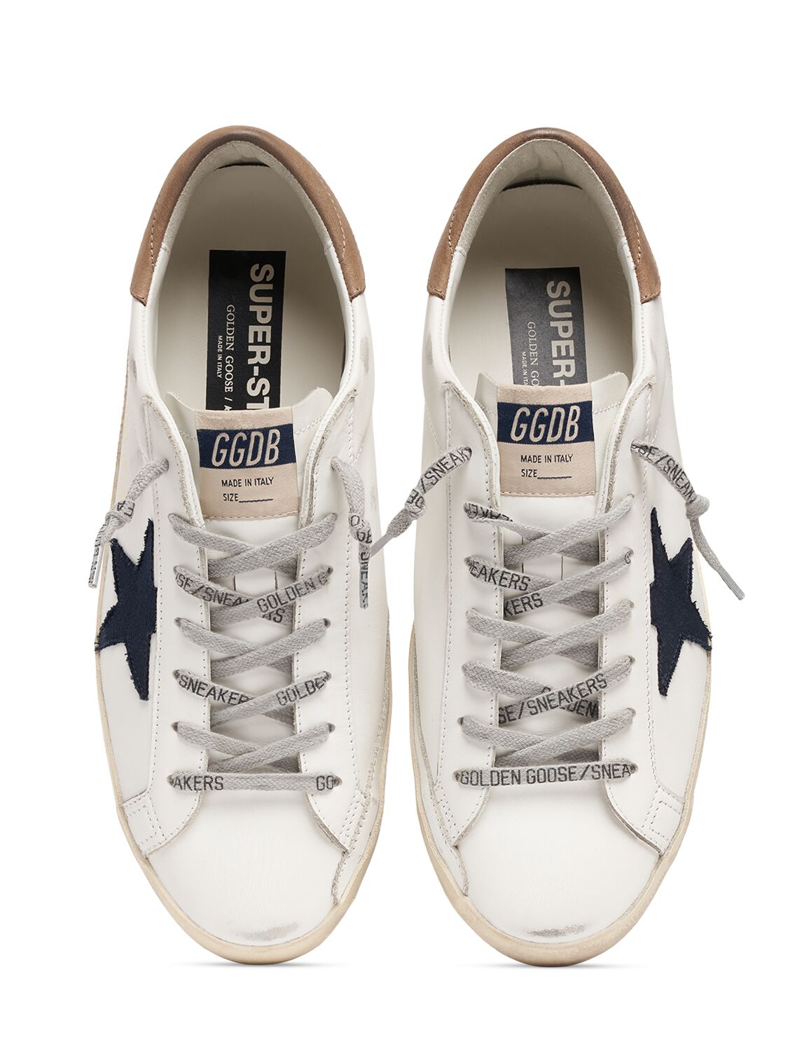Shop Golden Goose Super-star Leather Sneakers In White,navy