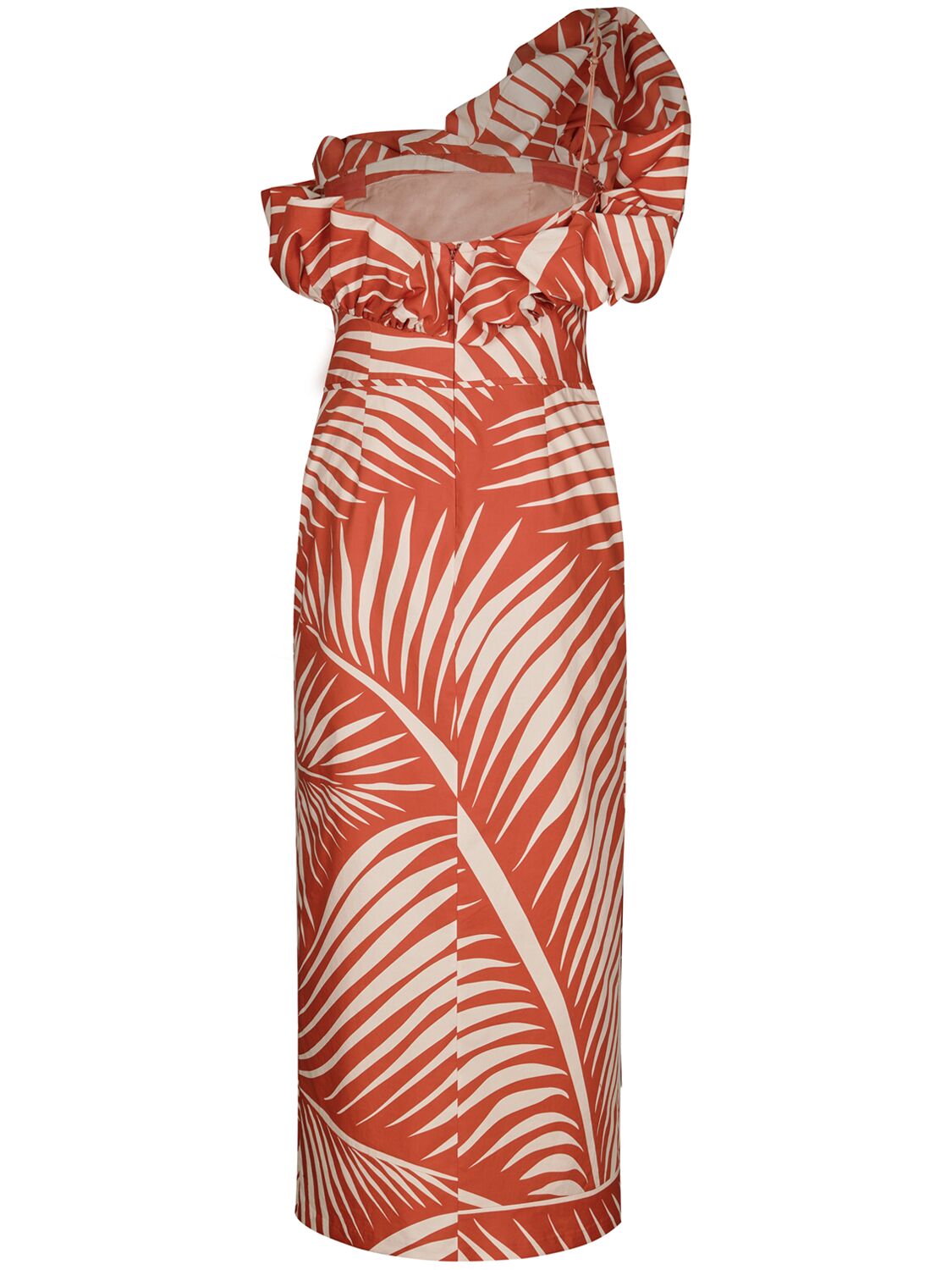 Shop Johanna Ortiz Printed Poplin One-shoulder Midi Dress In Red,beige