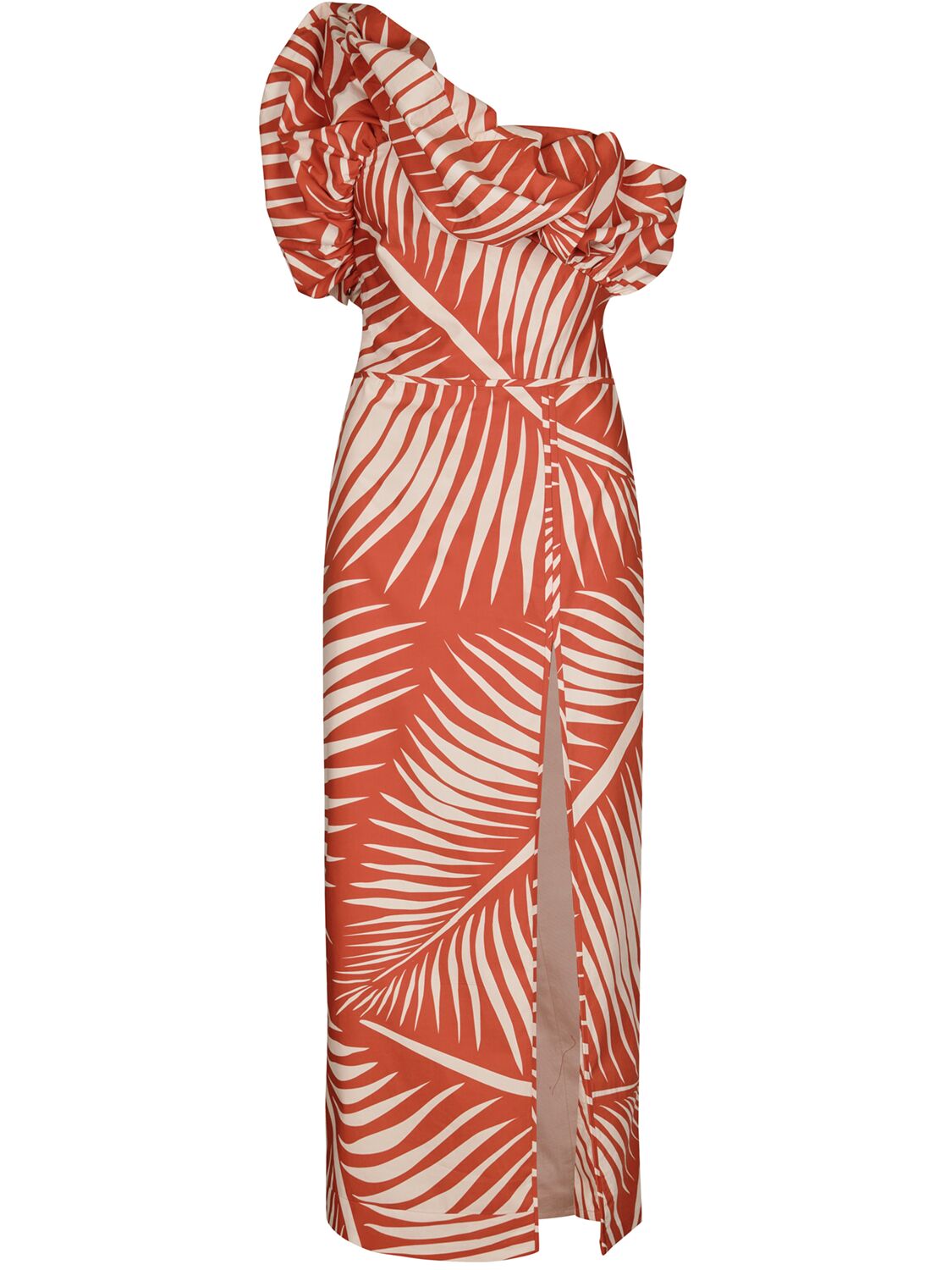 Shop Johanna Ortiz Printed Poplin One-shoulder Midi Dress In Red,beige