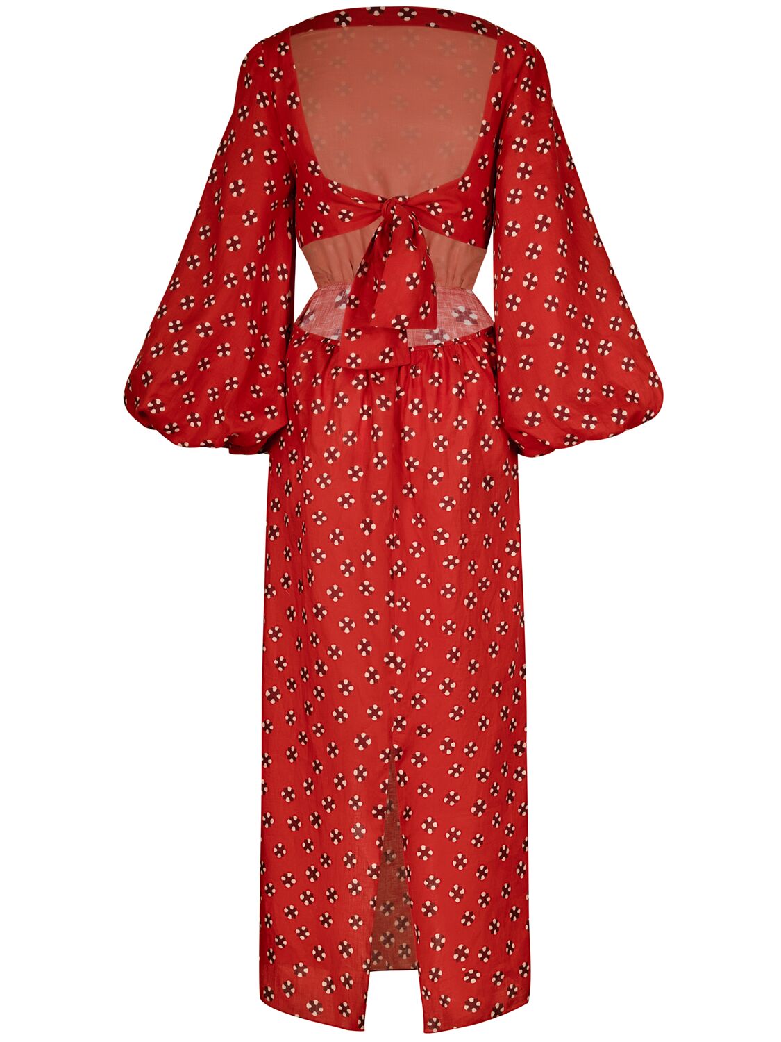 Shop Johanna Ortiz Printed Linen Flared Sleeve Midi Dress In Red