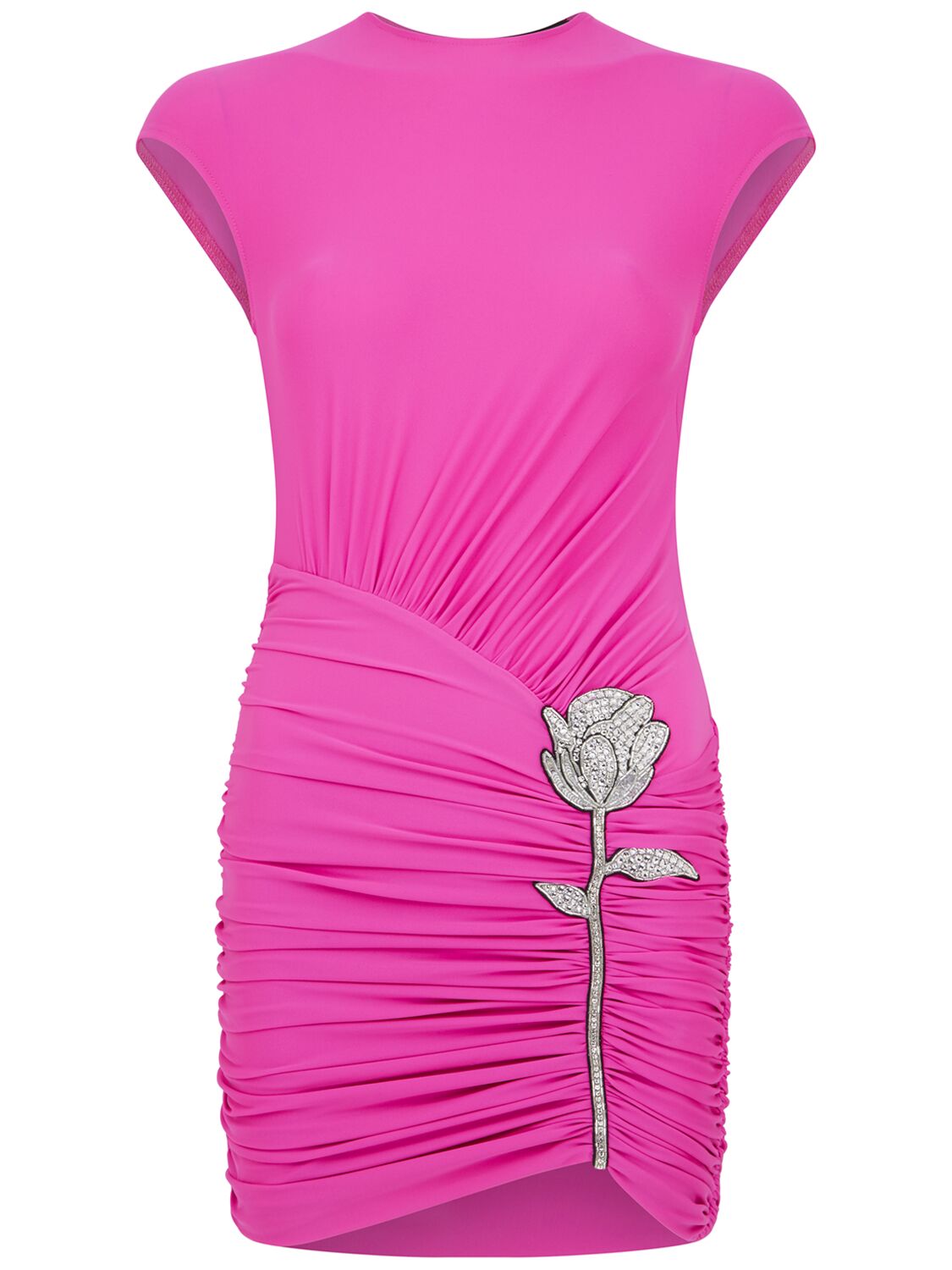 Shop David Koma Embroidered Rose Mini Dress In Fuchsia,silver