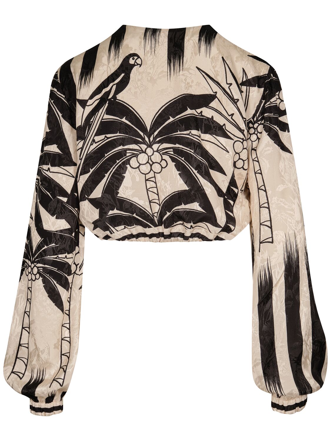 Shop Johanna Ortiz Jacquard Front Wrap Long Sleeve Crop Top In Beige,black