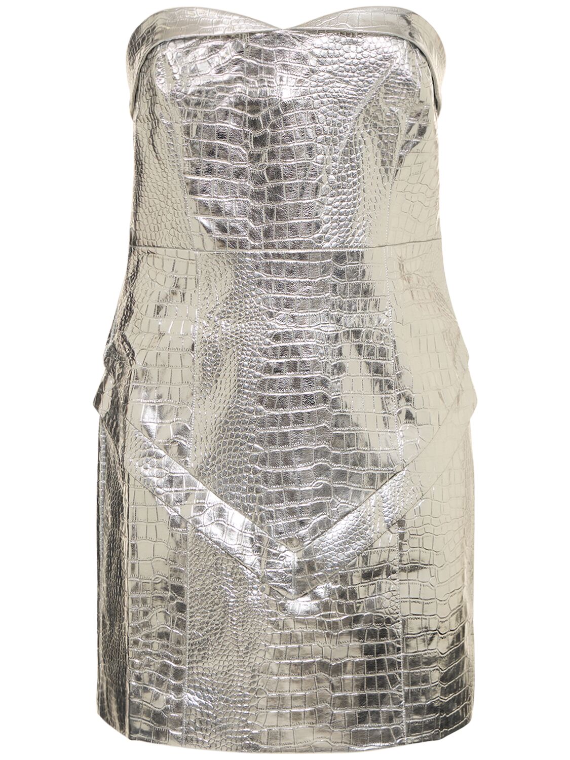 Rotate Birger Christensen Hemly Embossed Strapless Mini Dress In Silver