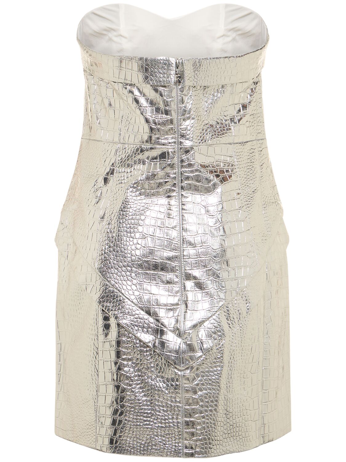 Shop Rotate Birger Christensen Hemly Embossed Strapless Mini Dress In Silver