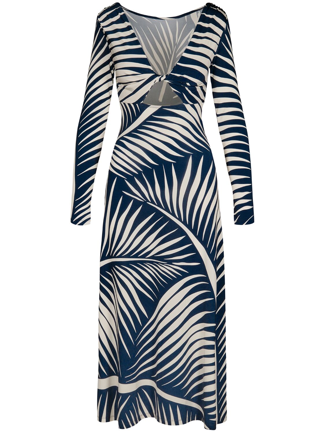 Johanna Ortiz Printed Shiny Jersey Cutout Midi Dress In Navy Ecru