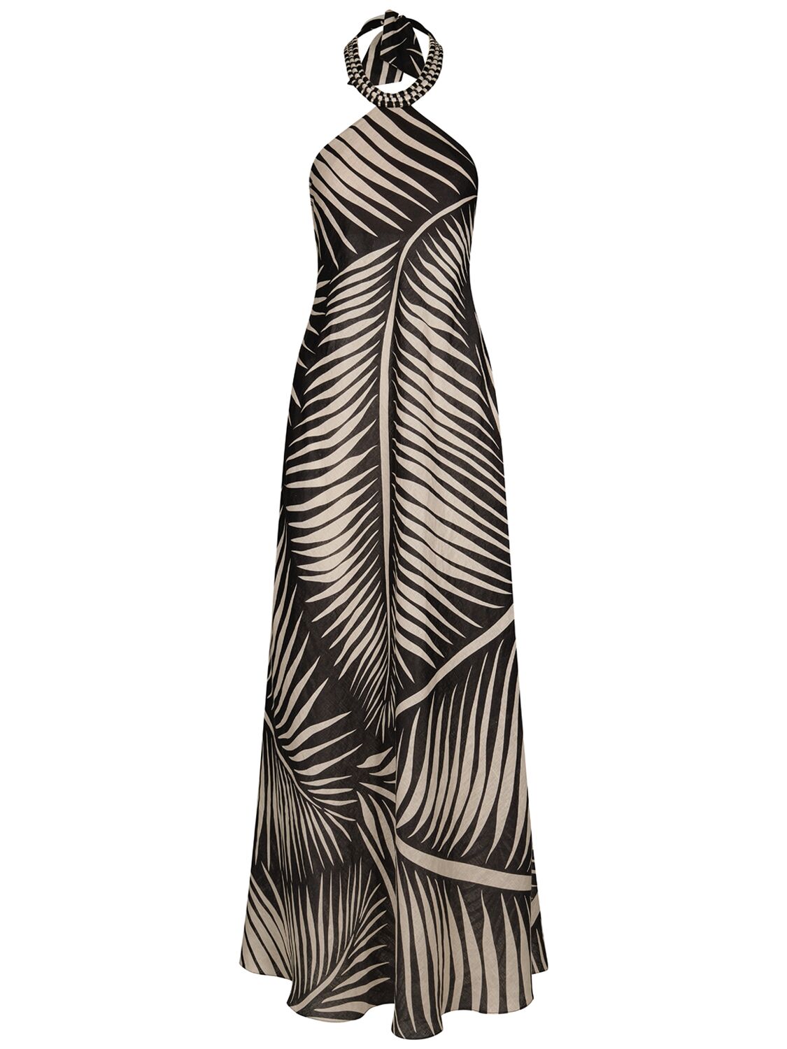 Image of Printed Linen Halter Neck Long Dress