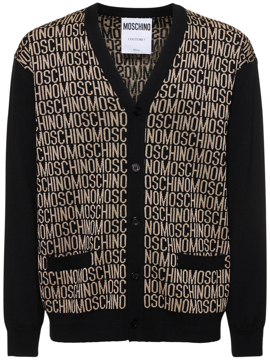 Moschino Logo Wool Knit Cardigan In Black,gold