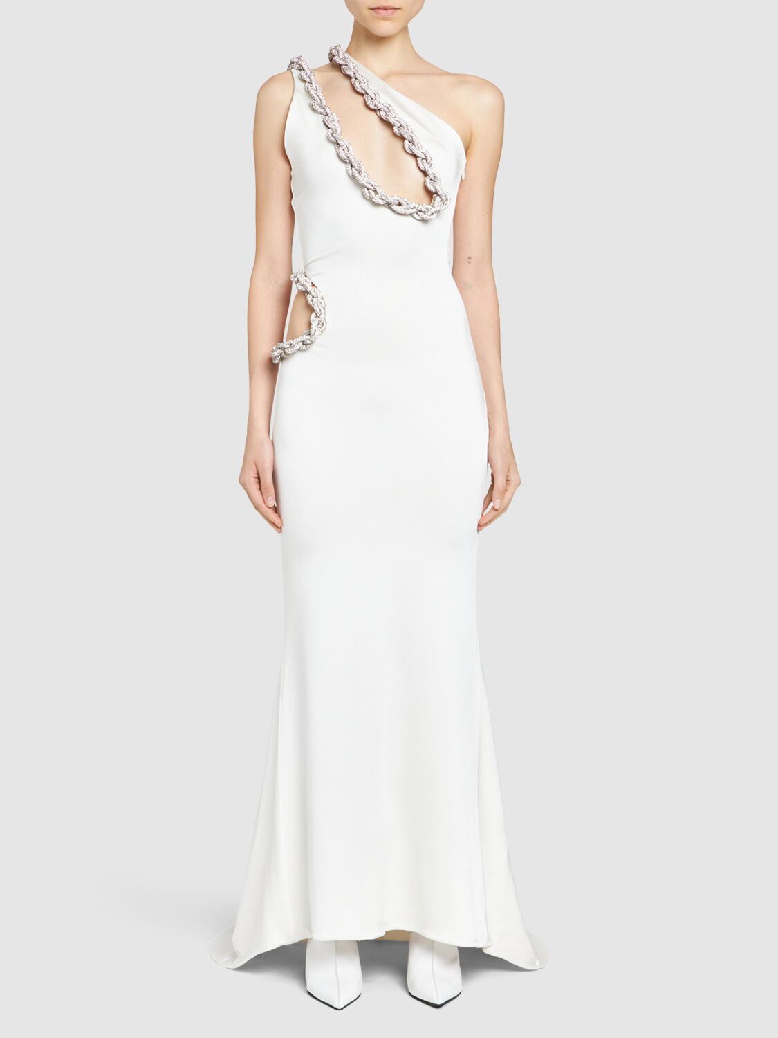 Shop Stella Mccartney Embellished Viscose Satin Cutout Dress In White