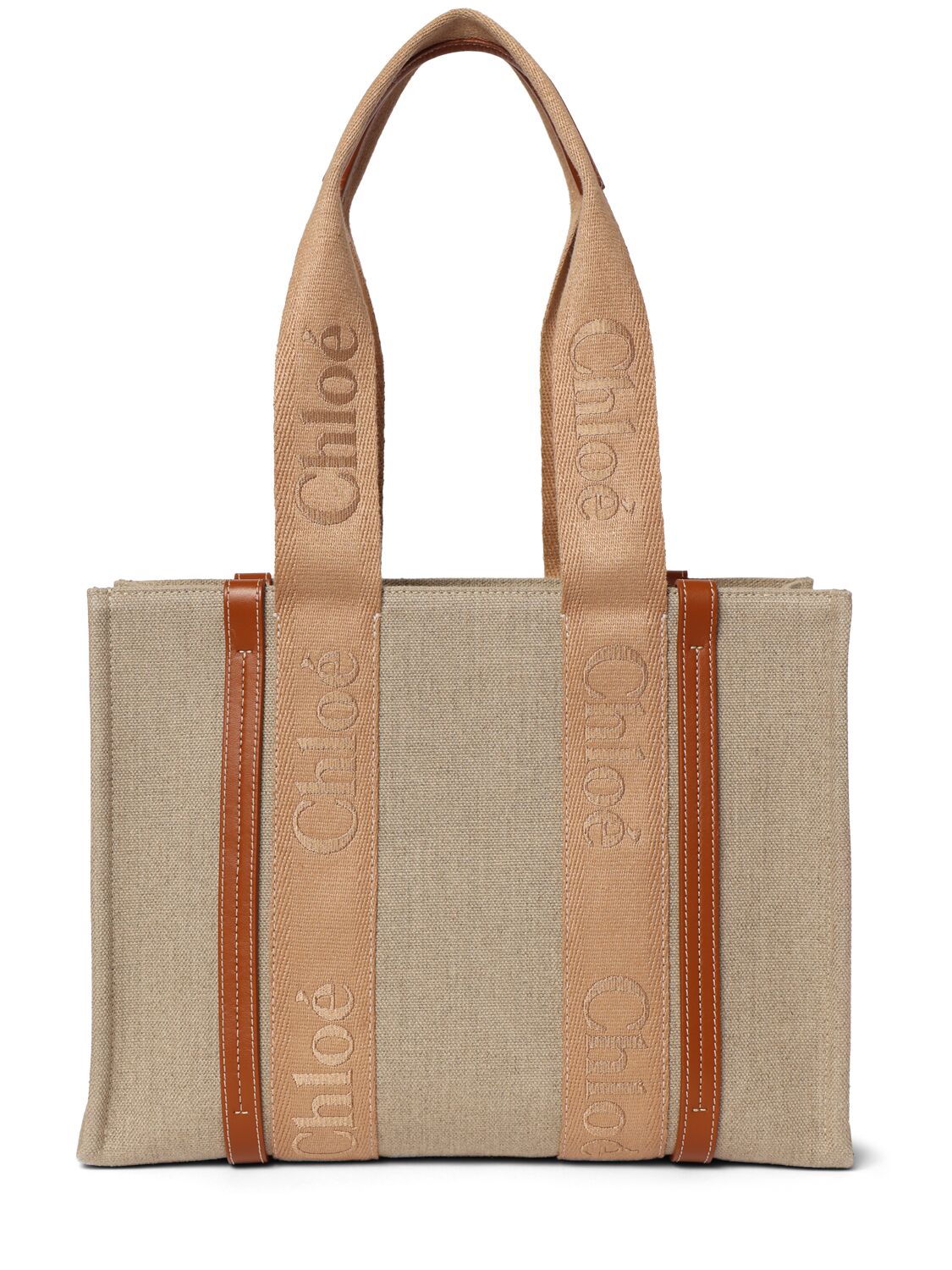 Shop Chloé Woody Embroidered Linen Tote Bag In Soft Tan