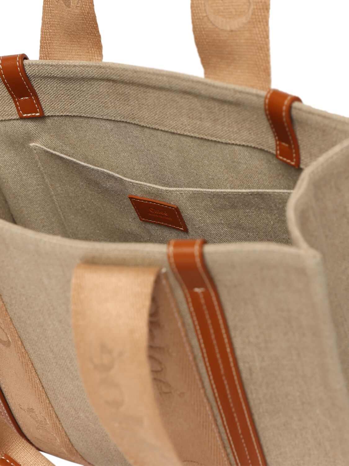 Shop Chloé Woody Embroidered Linen Tote Bag In Soft Tan