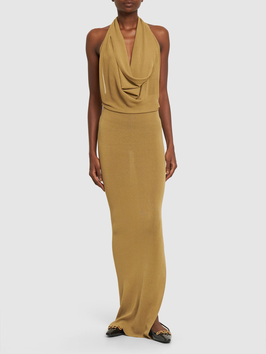 Shop Petar Petrov Draped Silk Knit Halter Neck Long Dress In Beige