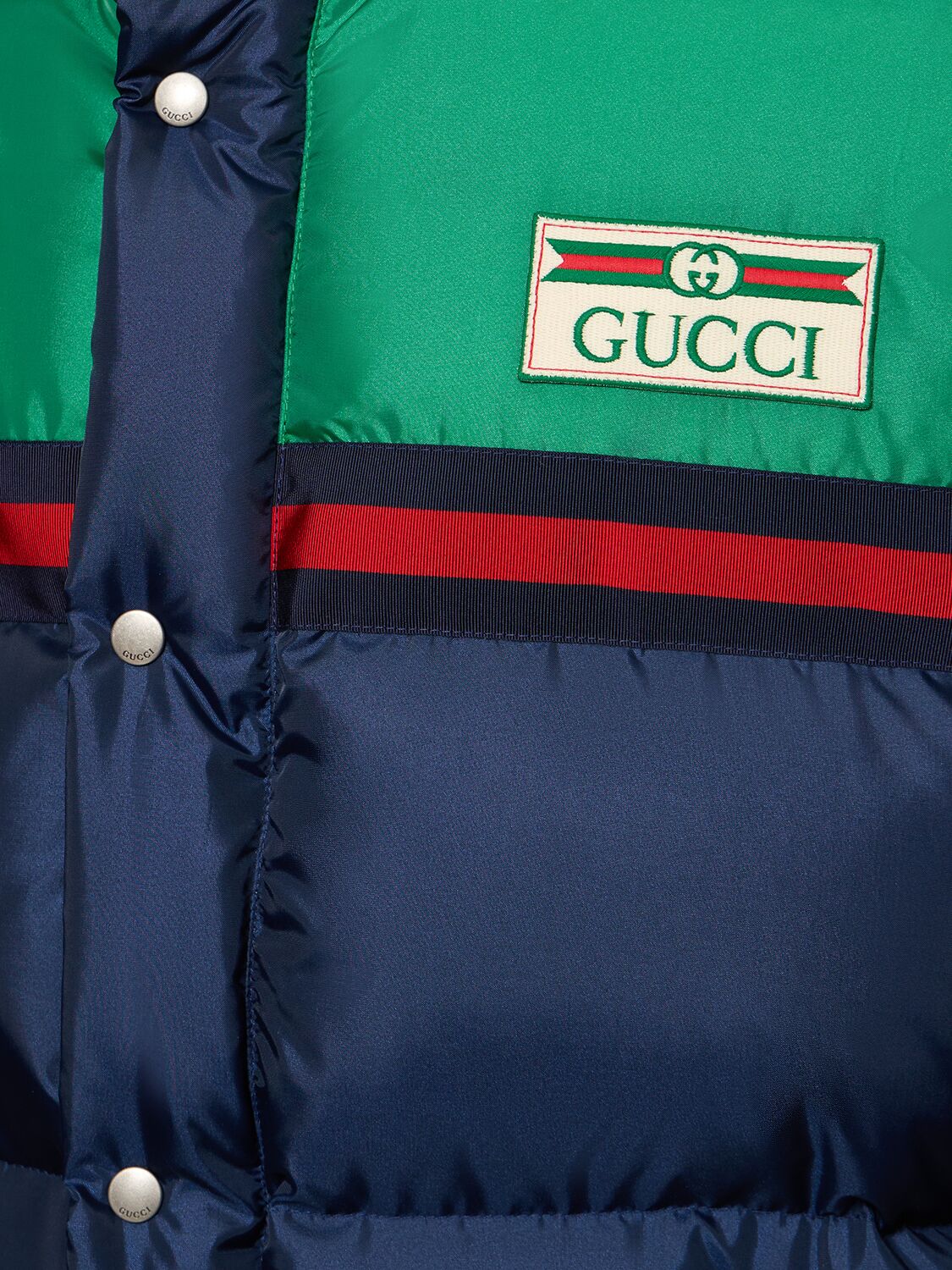 Shop Gucci Metropolitan Nylon Satin Down Vest In Blue,green