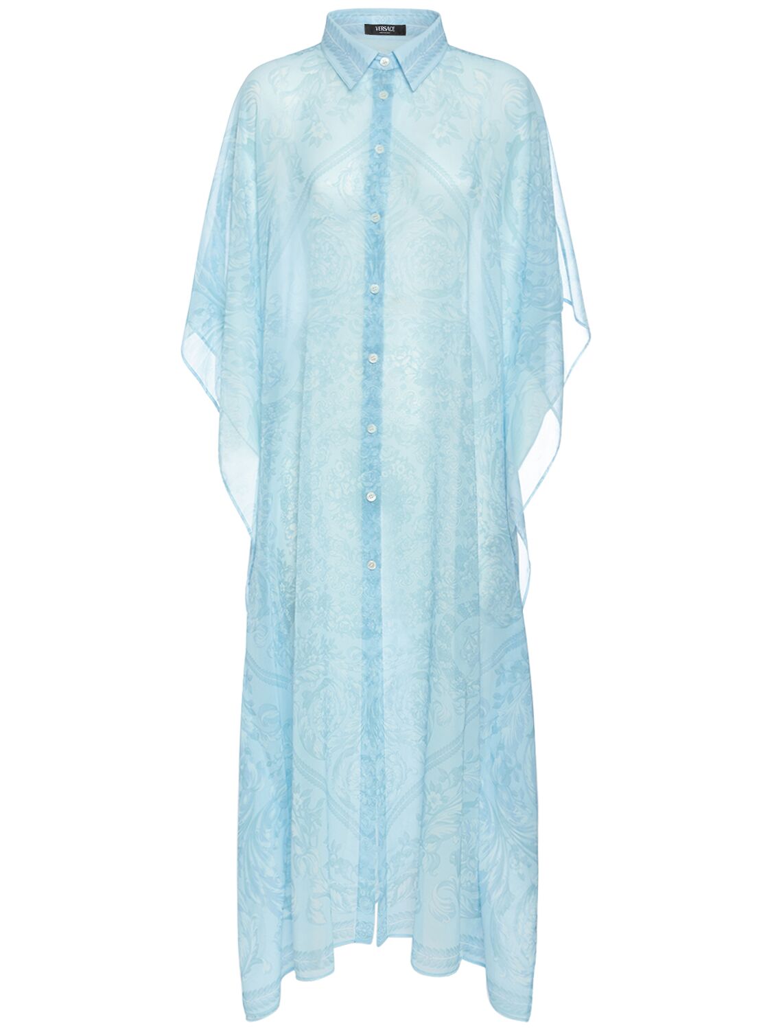 Shop Versace Barocco Print Long Chiffon Kaftan Dress In Light Blue
