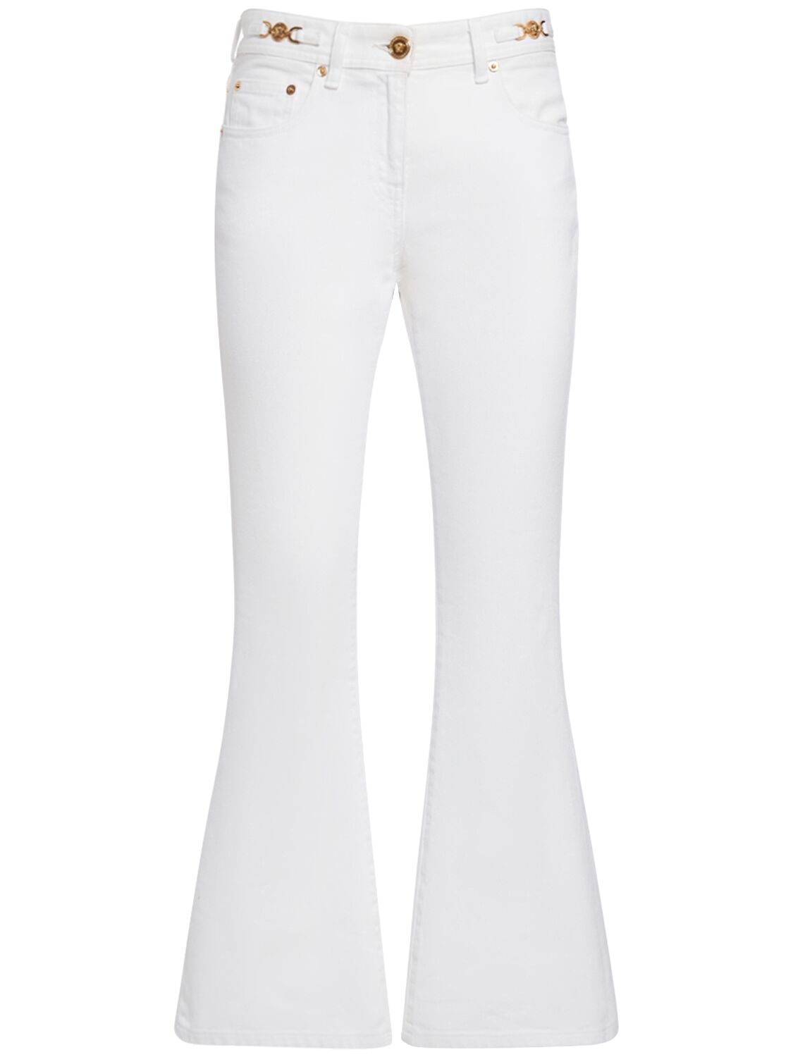Shop Versace Logo Denim Flared Jeans In White