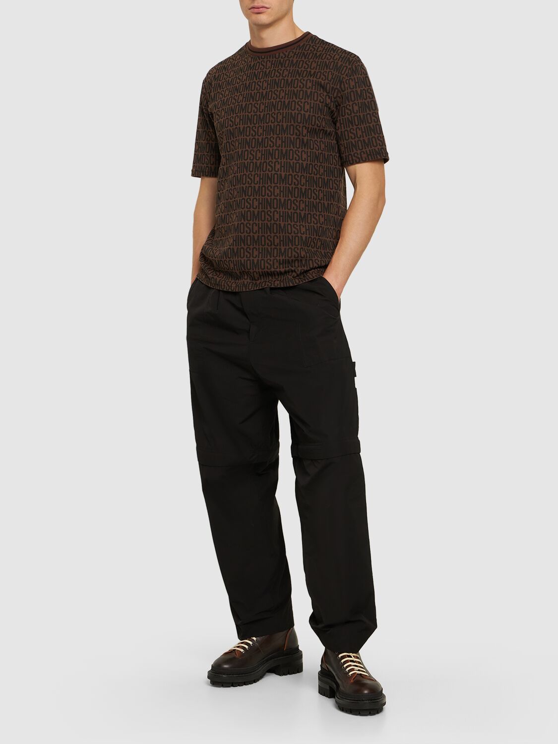 Shop Moschino Logo Cotton Jacquard T-shirt In Brown