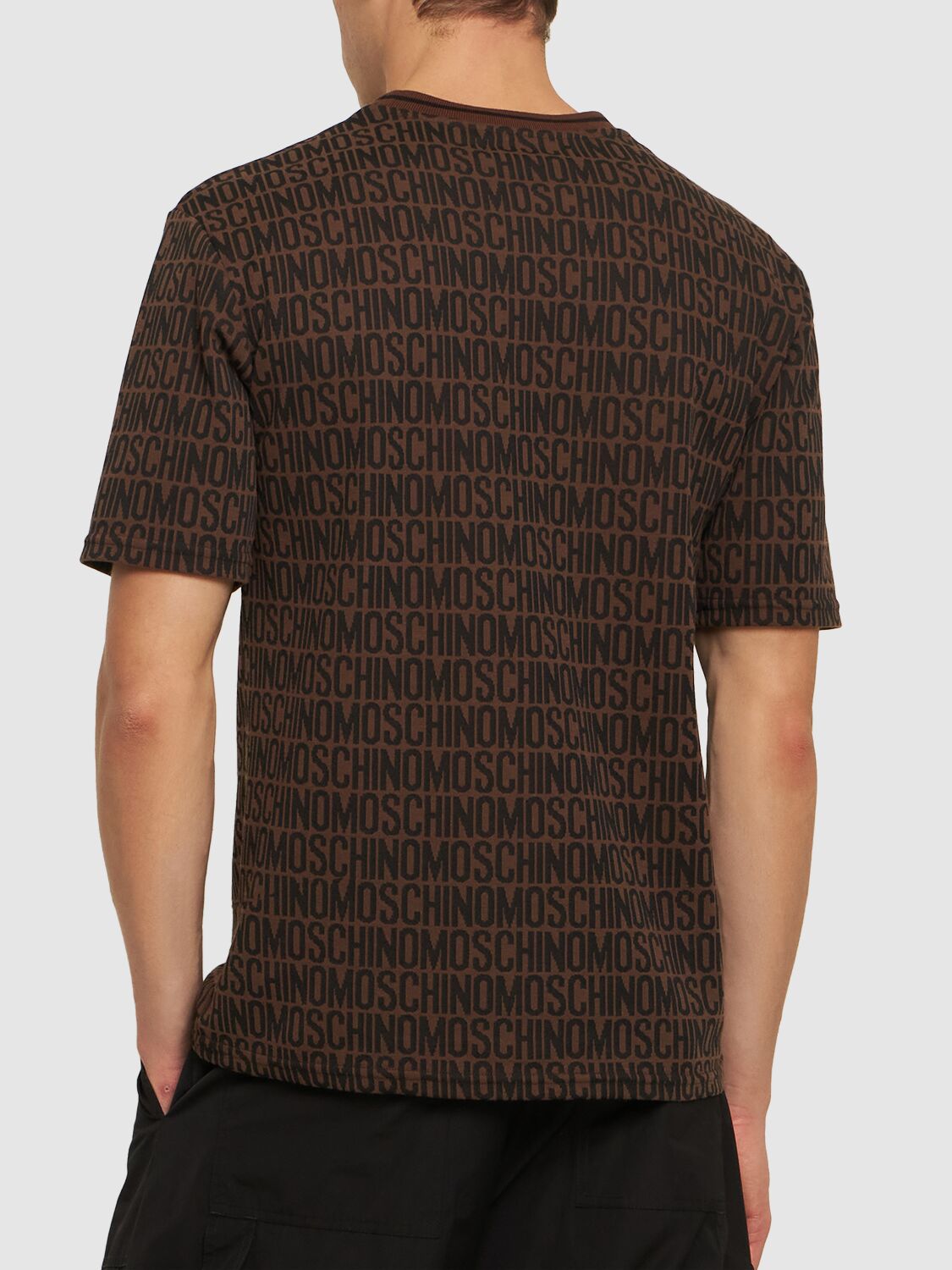 Shop Moschino Logo Cotton Jacquard T-shirt In Brown