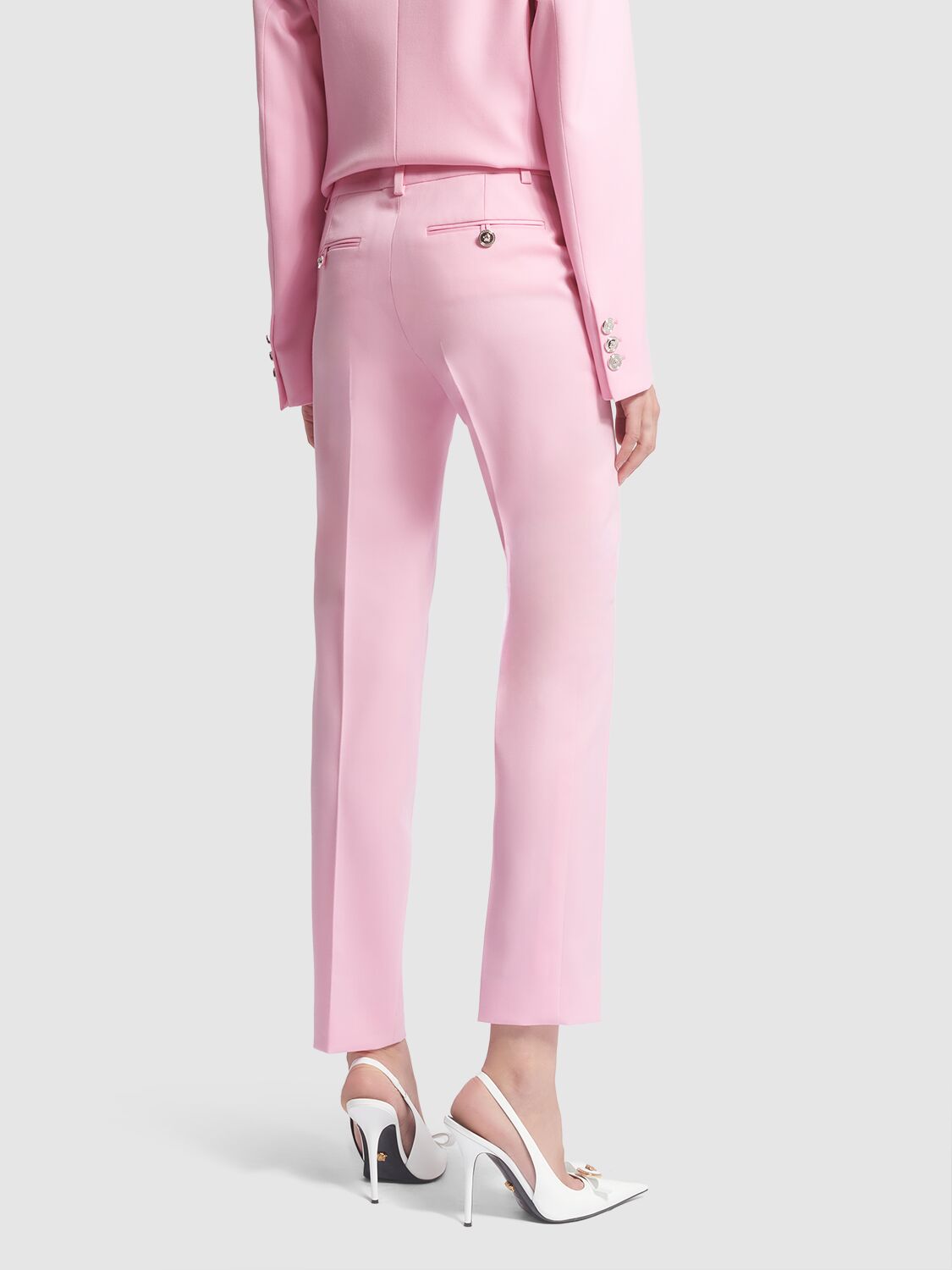 Shop Versace Stretch Wool Straight Pants In Light Pink