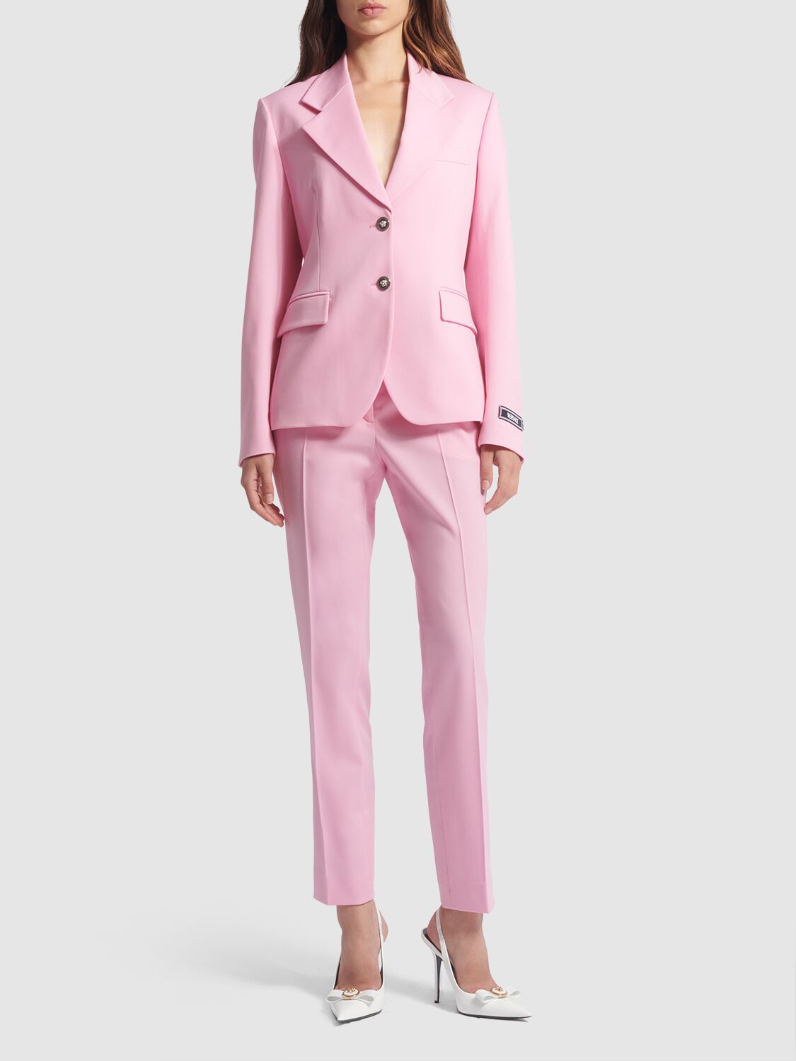 Shop Versace Stretch Wool Straight Pants In Light Pink