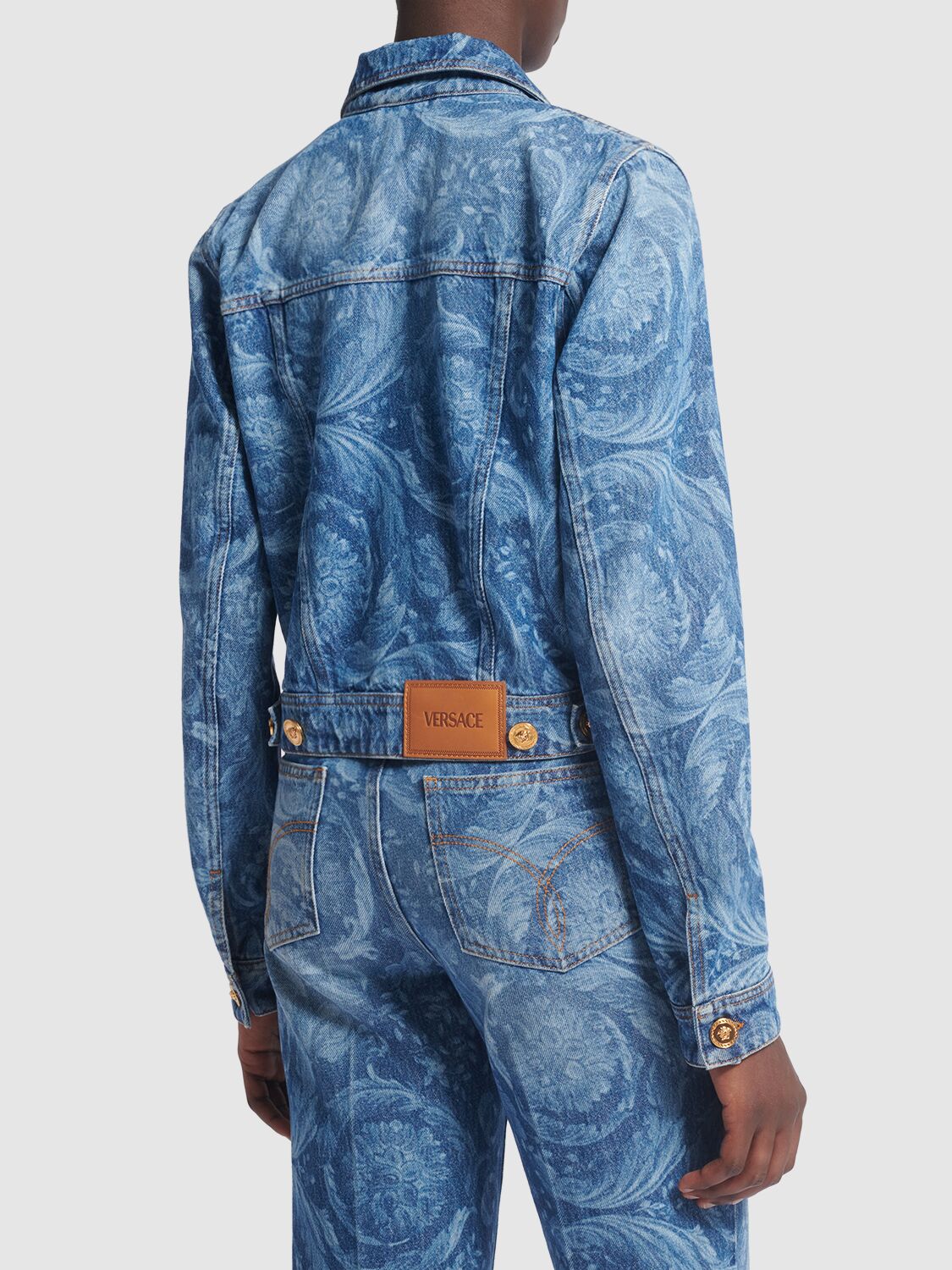 Shop Versace Barocco Printed Denim Jacket In Blue