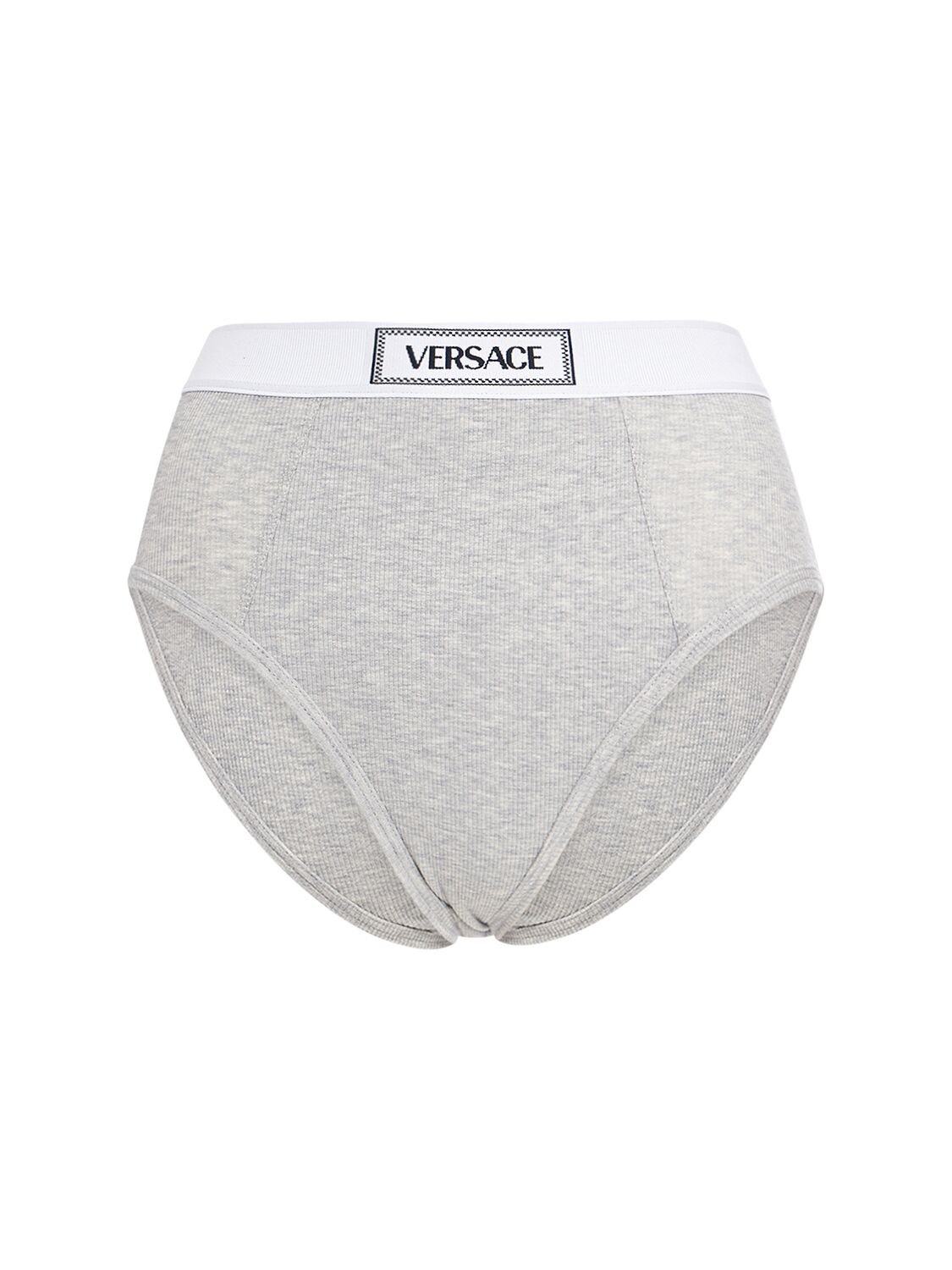 Versace Ribbed Cotton High Rise Briefs In Grey