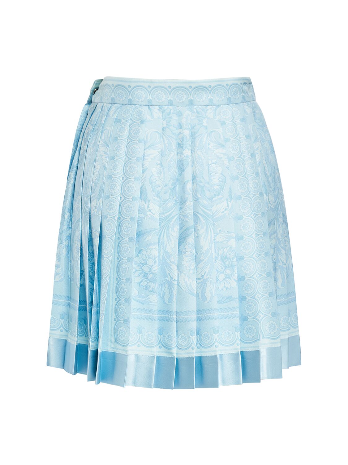 Shop Versace Barocco Print Pleated Silk Mini Skirt In Light Blue