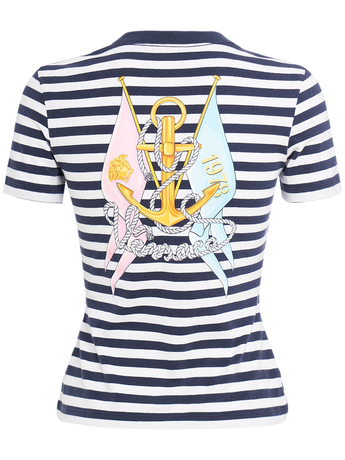 Shop Versace Logo Striped Jersey T-shirt In White,navy