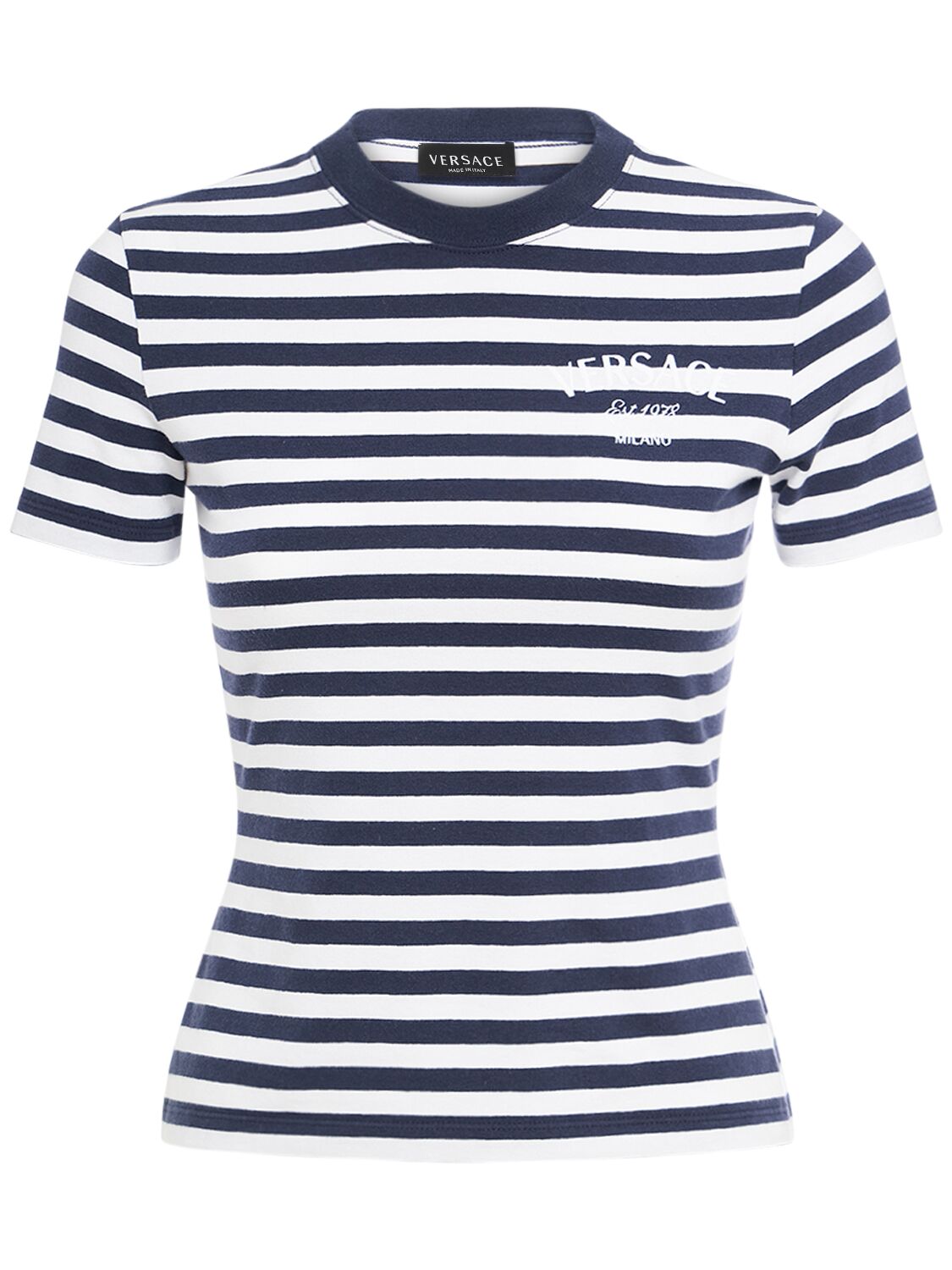 Shop Versace Logo Striped Jersey T-shirt In White,navy