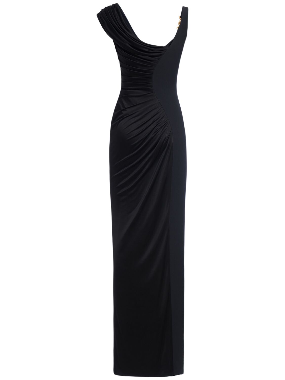 Shop Versace Draped Jersey Gown In Black
