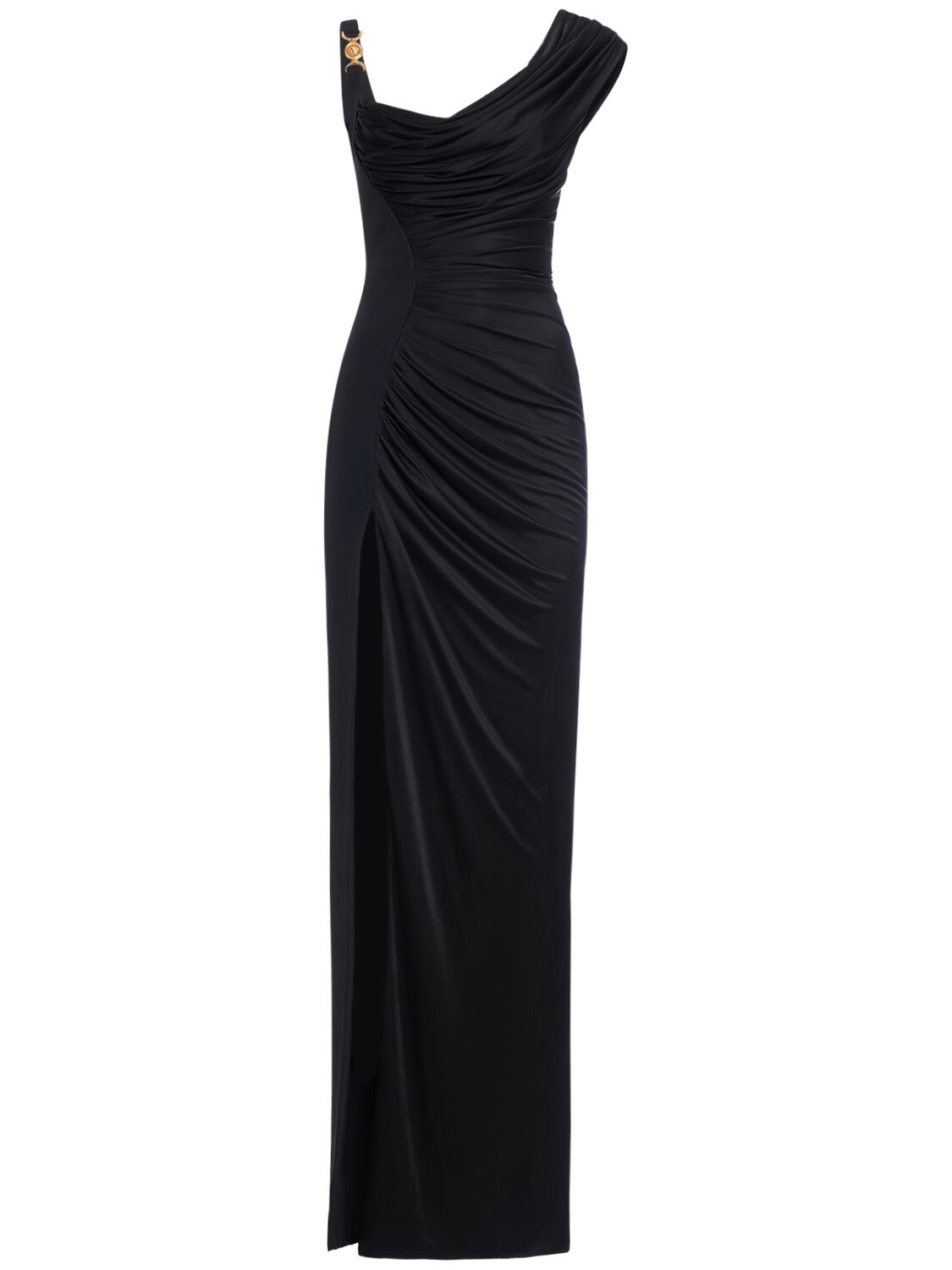 Shop Versace Draped Jersey Gown In Black