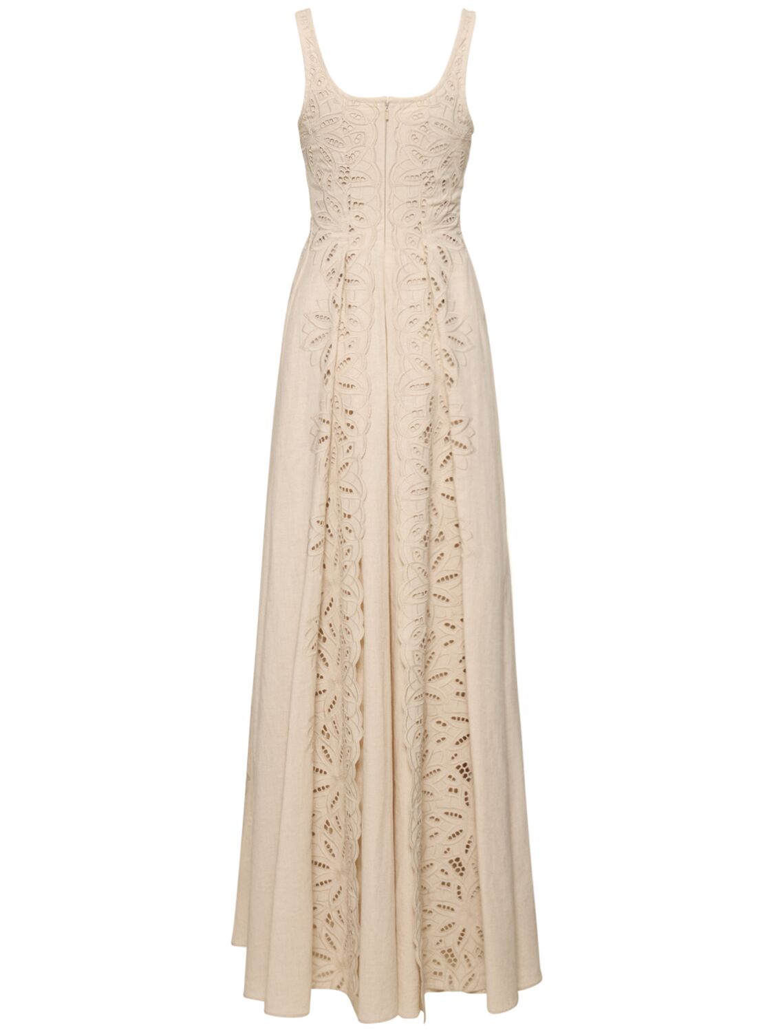 Shop Alberta Ferretti Embroidered Linen Blend Long Dress In Light Beige