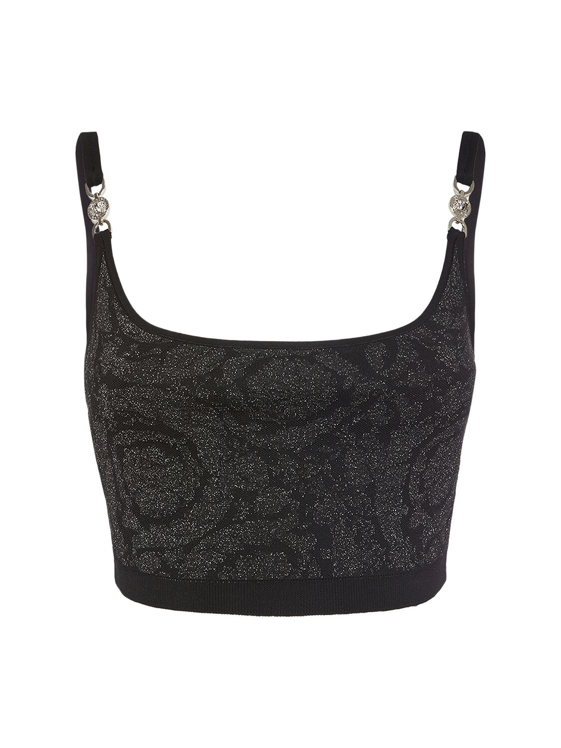 Shop Versace Barocco Embellished Lurex Knit Bra Top In Multi,black