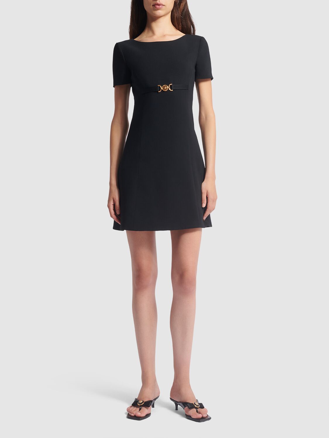 Shop Versace Stretch Cady Short Sleeved Mini Dress In Black