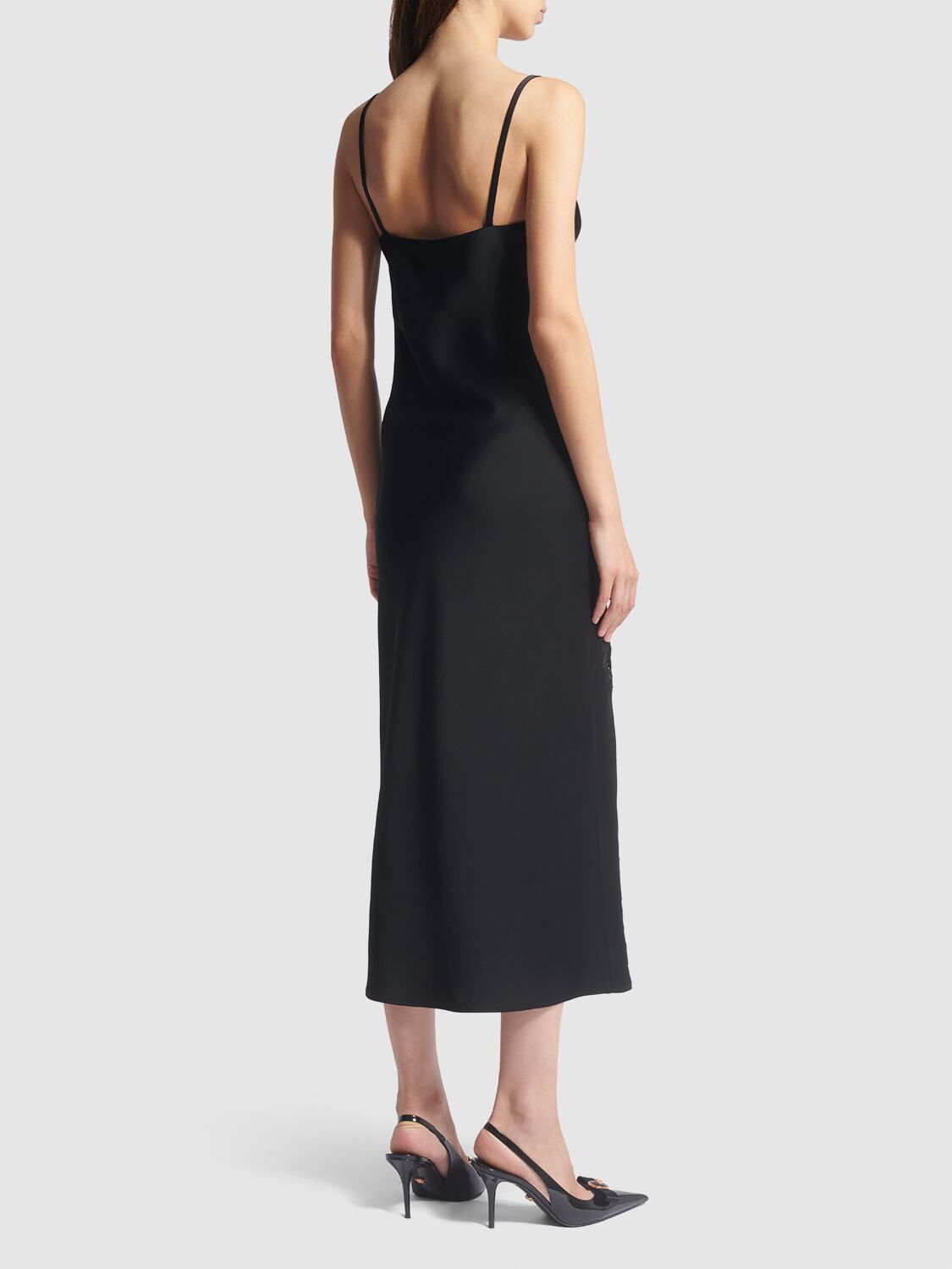 Shop Versace Satin & Lace Midi Dress In Black