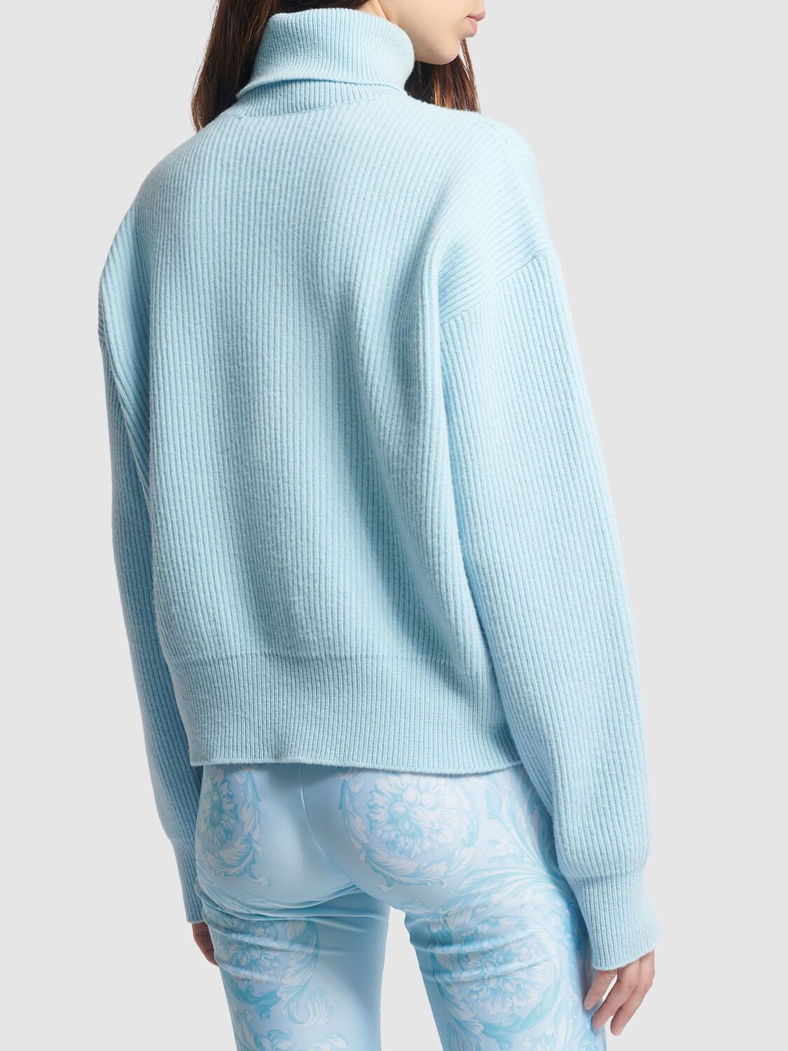 Shop Versace Logo Rib Knit Turtleneck Sweater In Light Blue