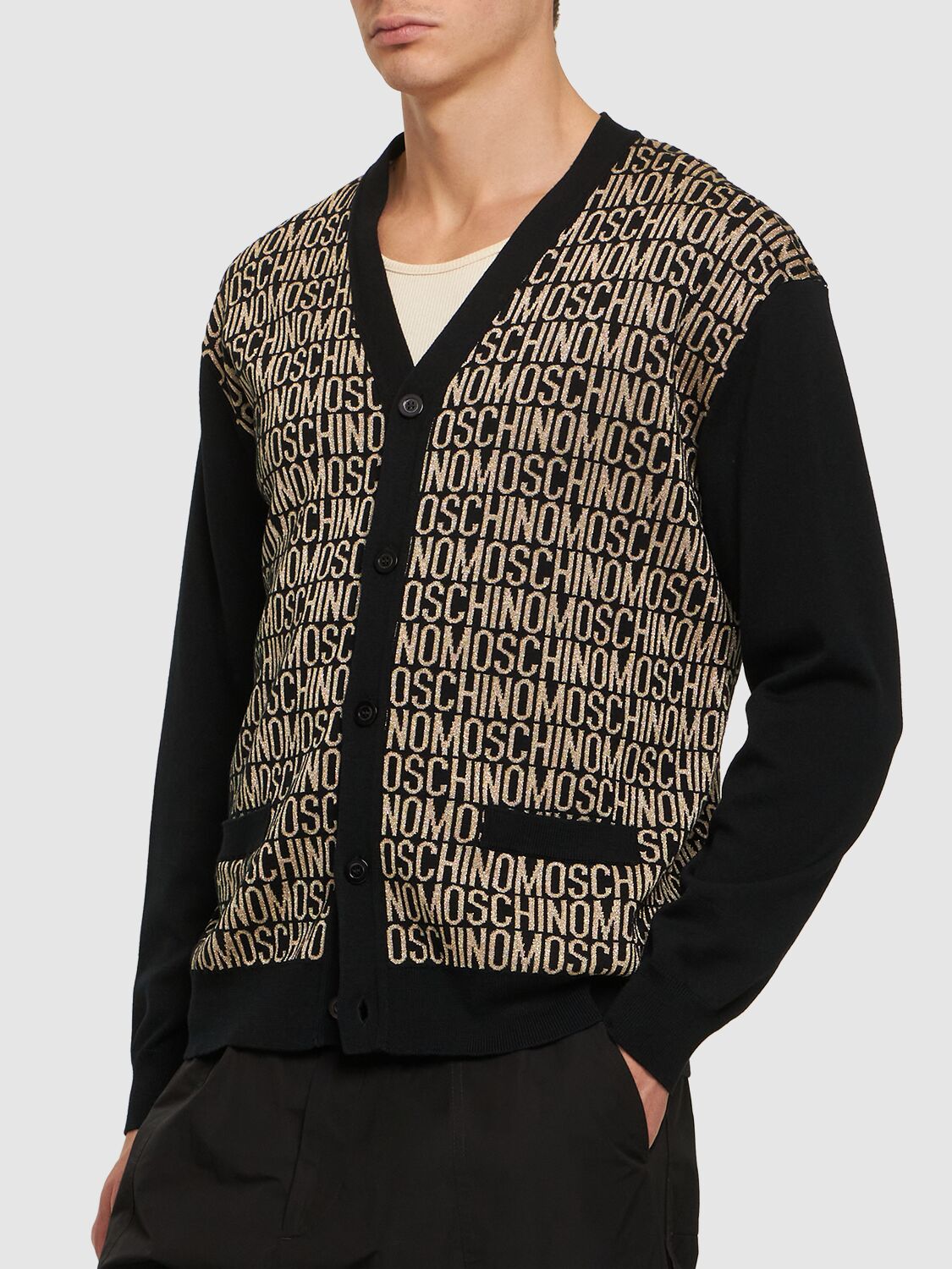 Shop Moschino Logo Wool Knit Cardigan In Black,gold