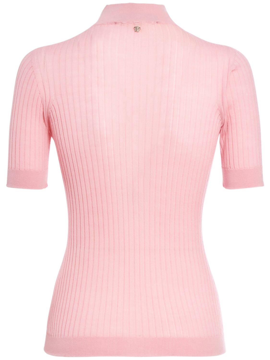 Shop Versace Short Sleeve Rib Knit Sweater In Pink