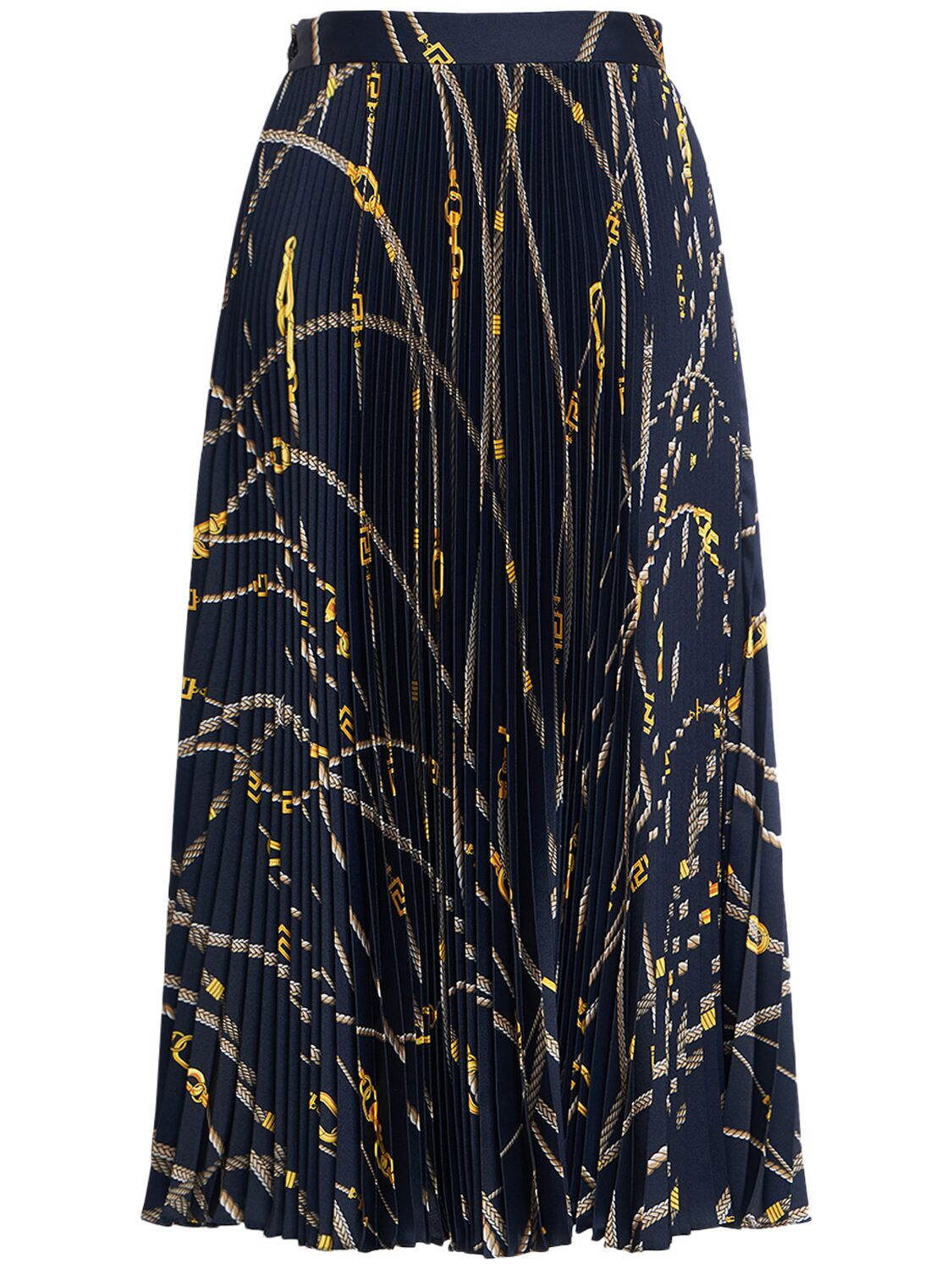 Shop Versace Printed Pleated Twill Midi Skirt In Navy,multi