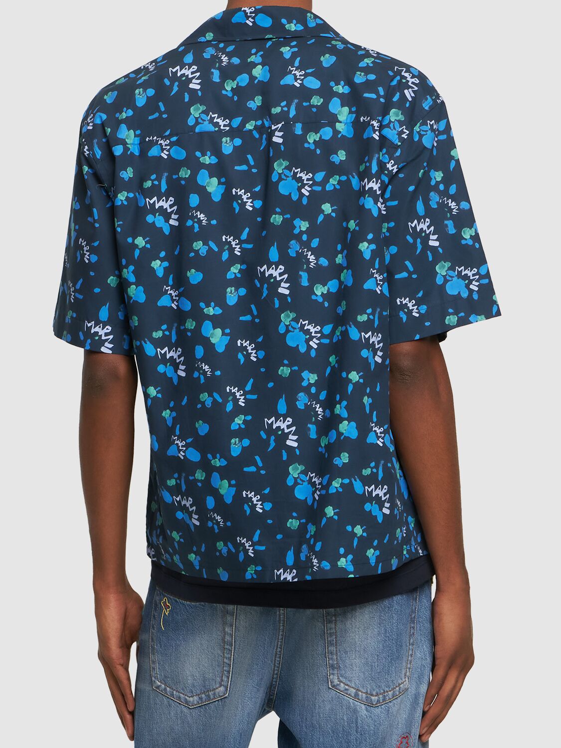 Shop Marni Flower Cotton Poplin Boxy S/s Shirt In Blue